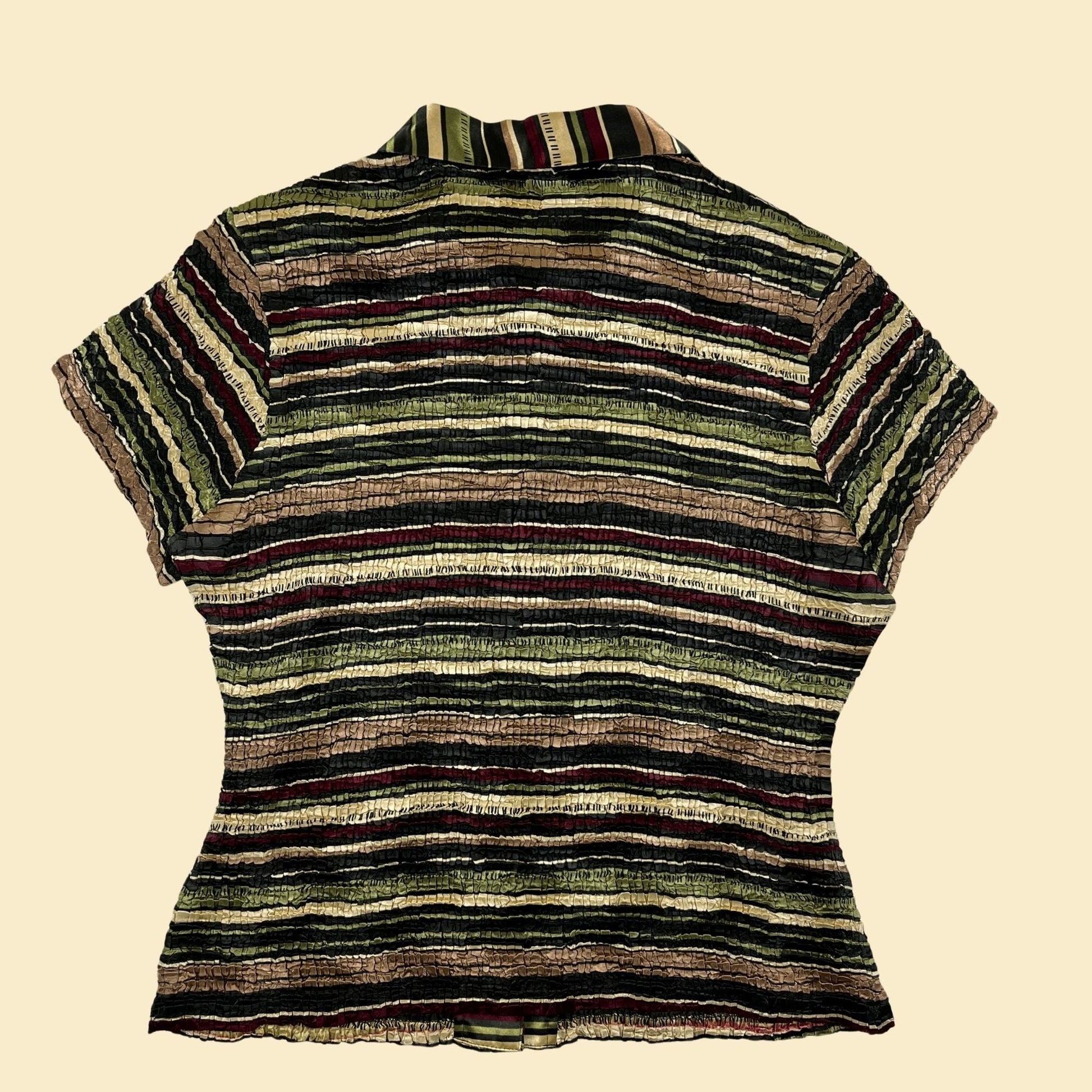 90s petite L crinkle blouse by Petite Sophisticate, vintage 1990s green/beige/black striped short sleeve top