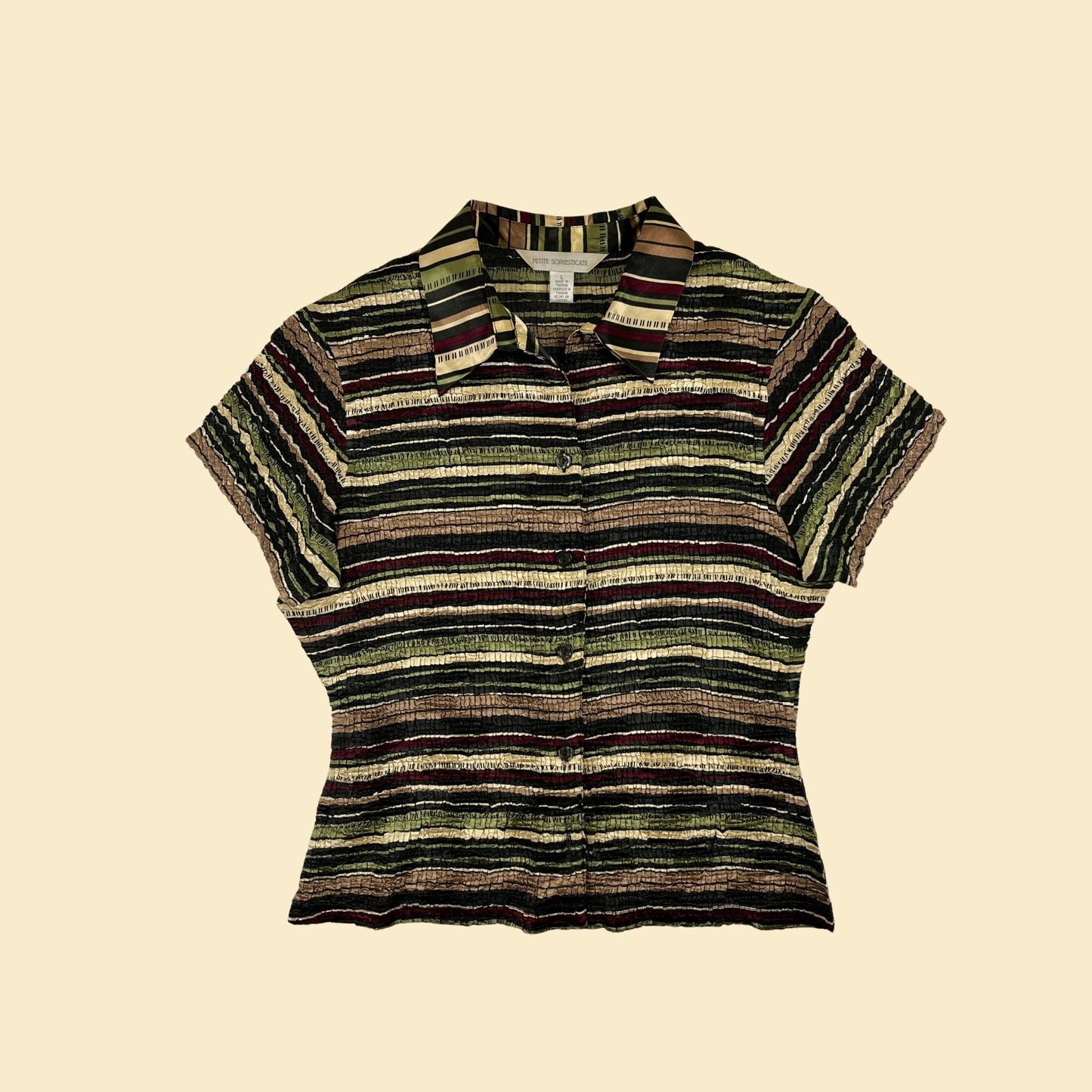 90s petite L crinkle blouse by Petite Sophisticate, vintage 1990s green/beige/black striped short sleeve top