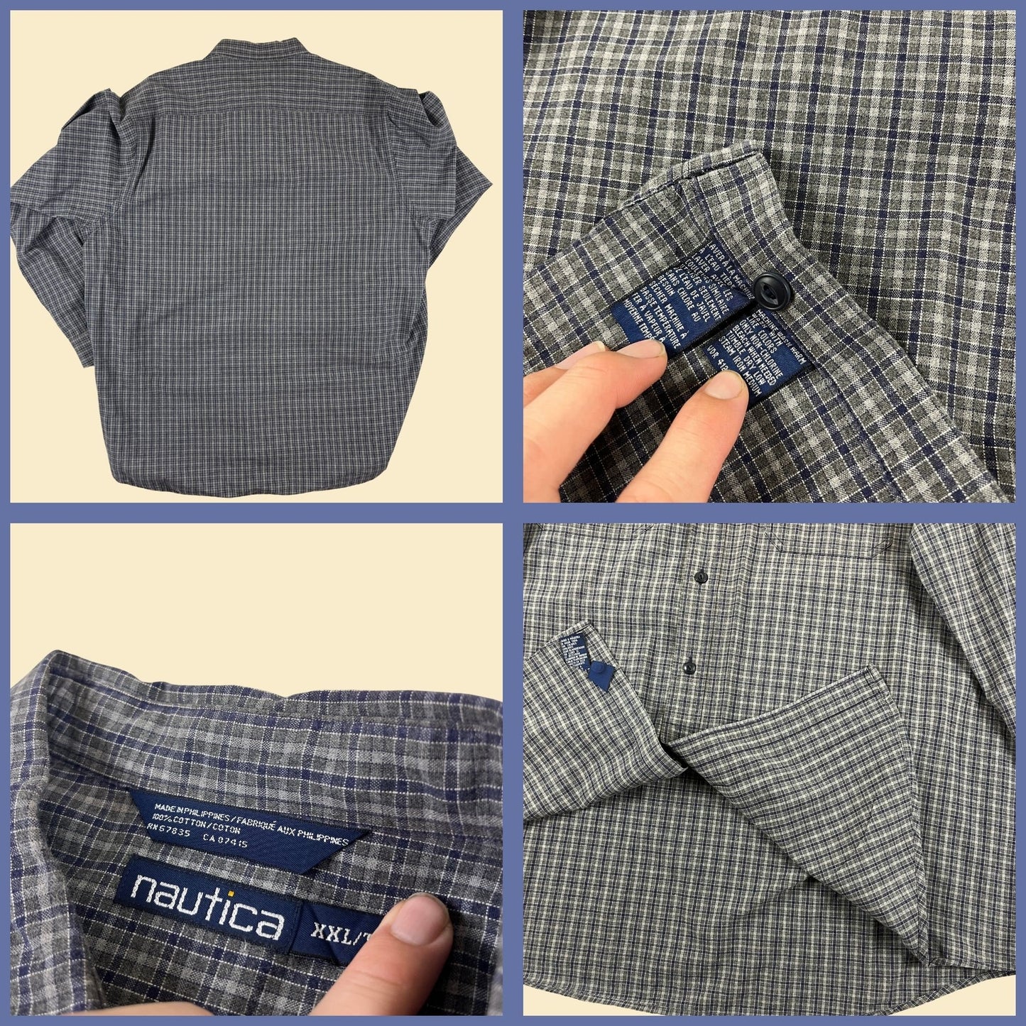 90s XXL Nautica shirt, vintage grey & blue 1990s men's plaid cotton long sleeve button down top