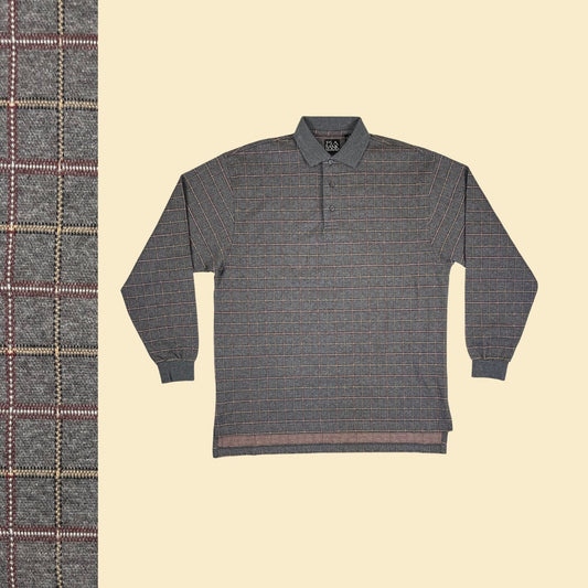 90s M grey/burgundy polo long sleeve by Jos A Bank, vintage 1990s geometric grid shirt