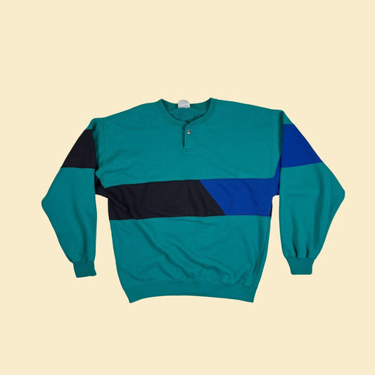 1990s blue/teal color block sweatshirt, vintage 90s M to L crewneck henley-style men's pullover sweatshirt