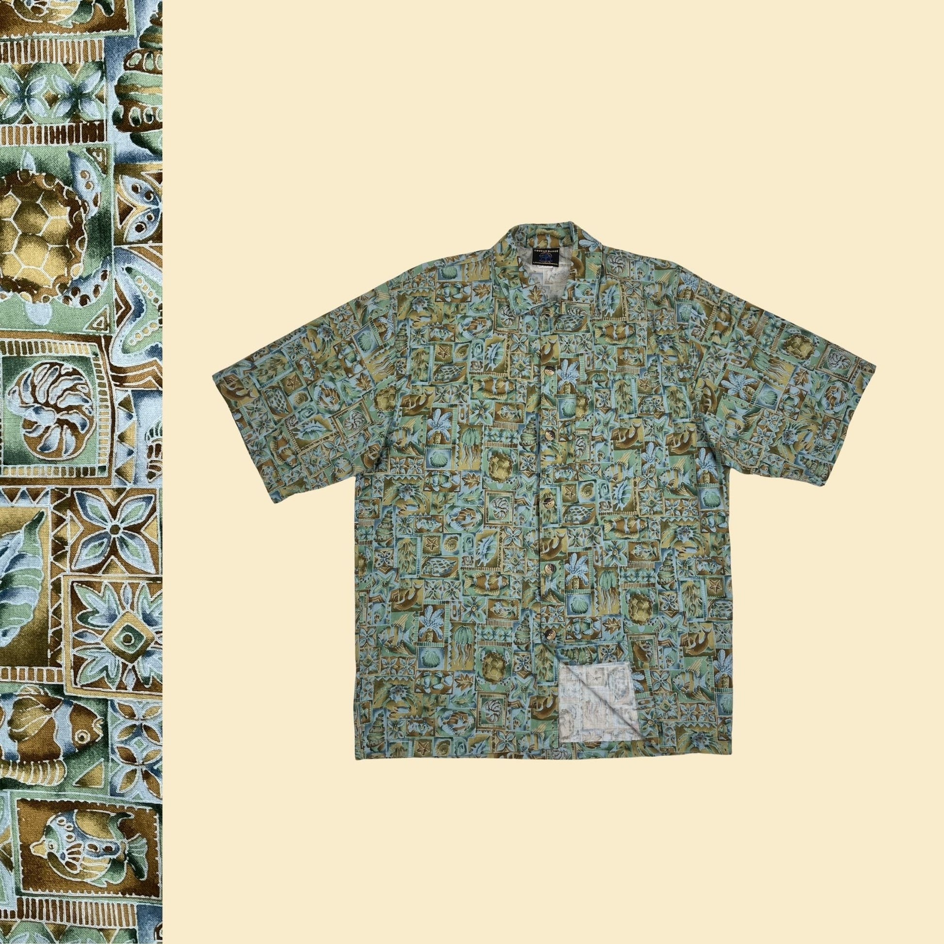 1980s L fish/tropical patterned shirt, men's 80s vintage green/blue button down beach top