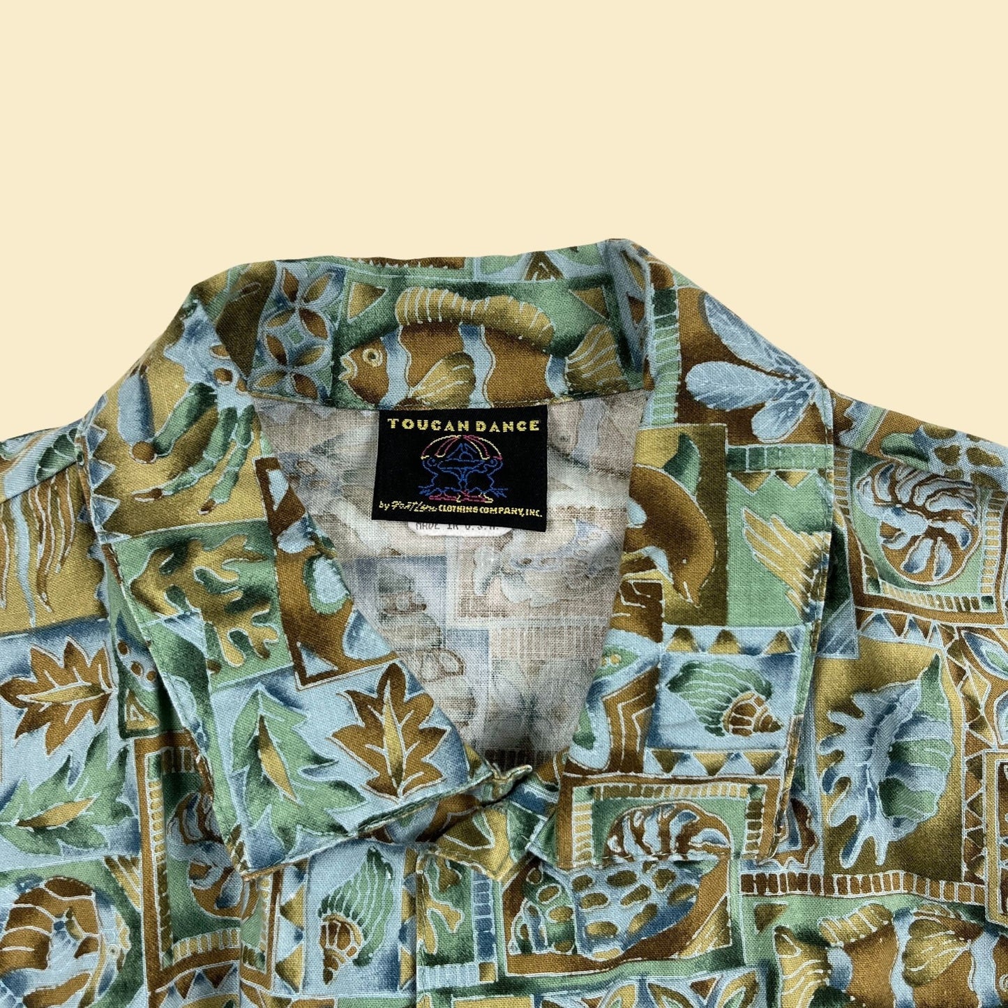 1980s L fish/tropical patterned shirt, men's 80s vintage green/blue button down beach top