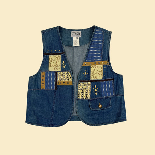 80s/90s denim patchwork vest, size 14 vintage women's open quilt-style vest by City Girl Sport