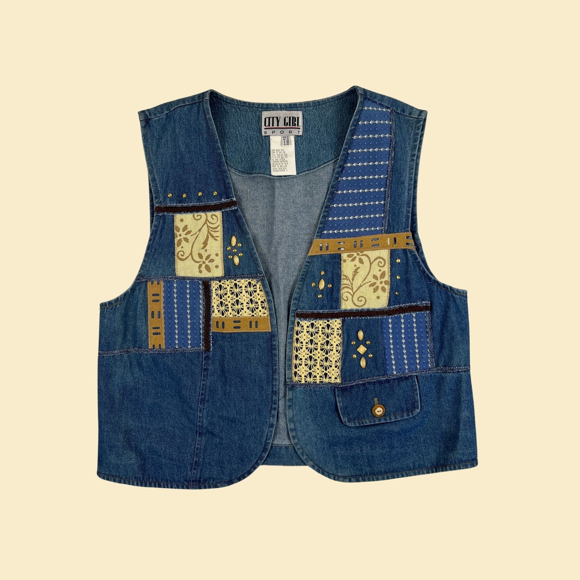 80s/90s denim patchwork vest, size 14 vintage women's open quilt-style vest by City Girl Sport