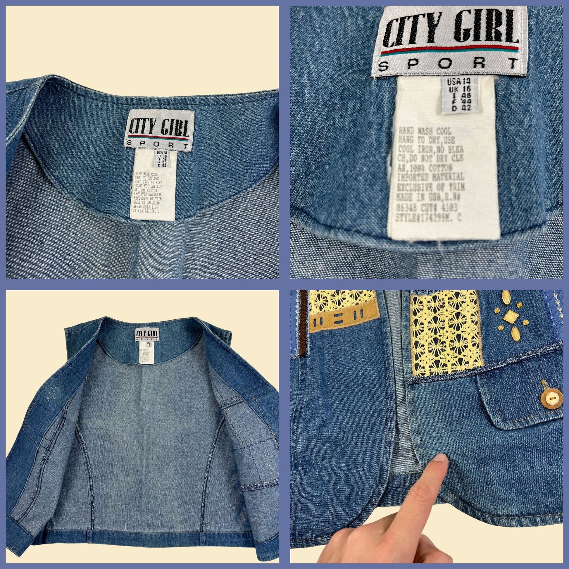 80s/90s denim patchwork vest, size 14 vintage women's open quilt-style vest by City Girl Sport