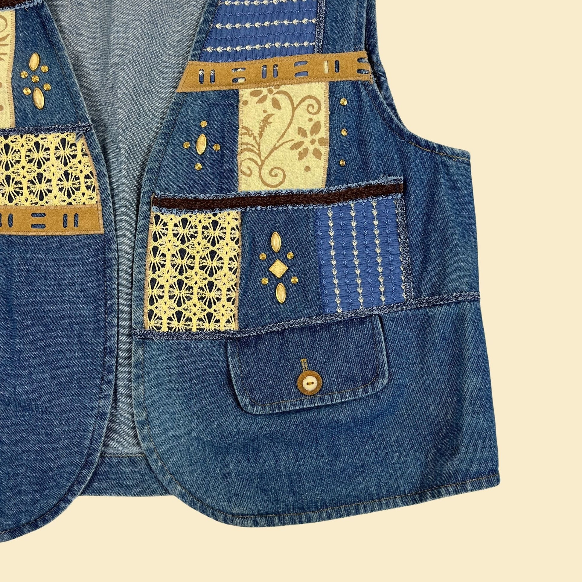 80s/90s denim patchwork vest, size 14 vintage women's open quilt-style vest by City Girl Sport