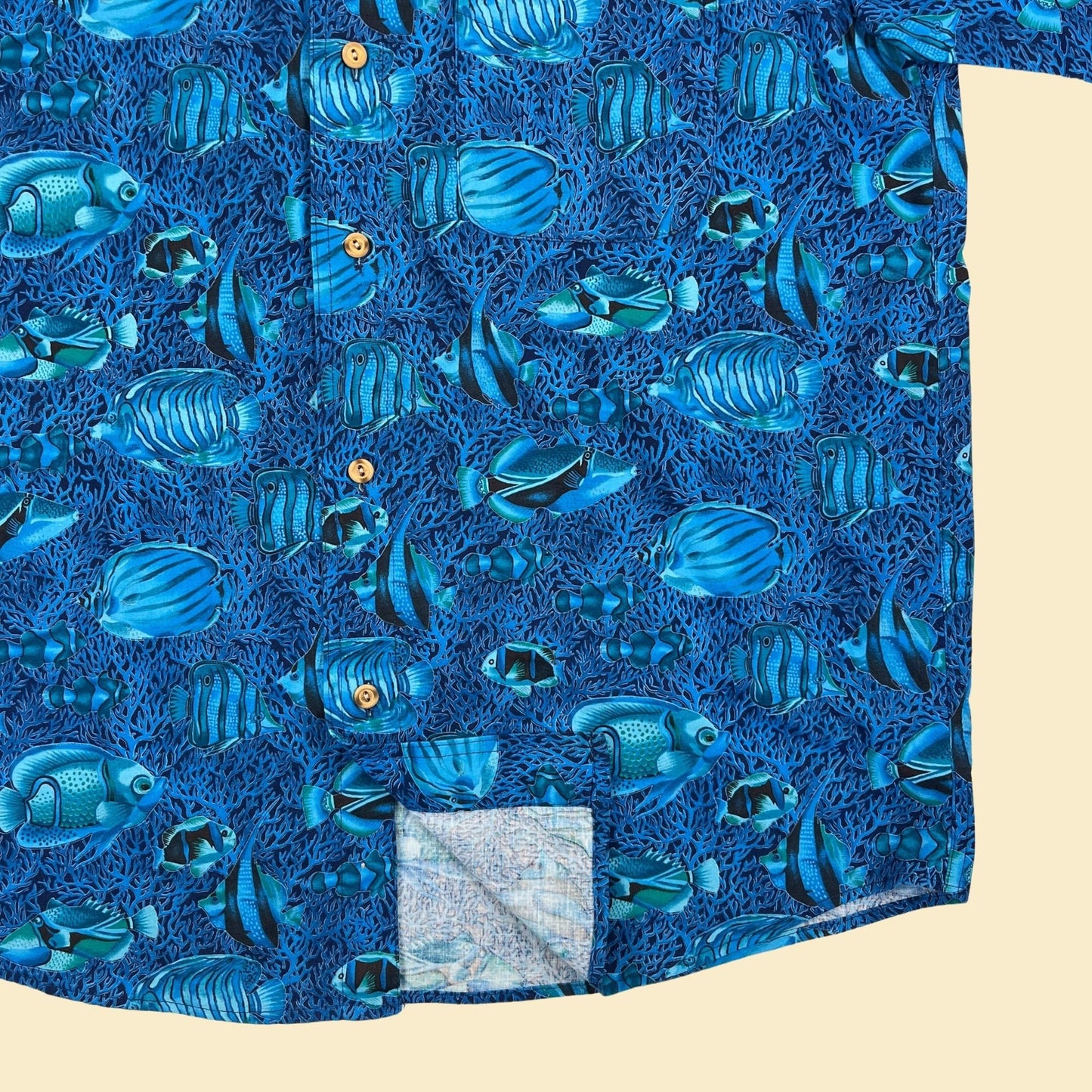 1980s L fish shirt by Key West Handprint Fashions, vintage 80s blue fish & coral patterned shirt