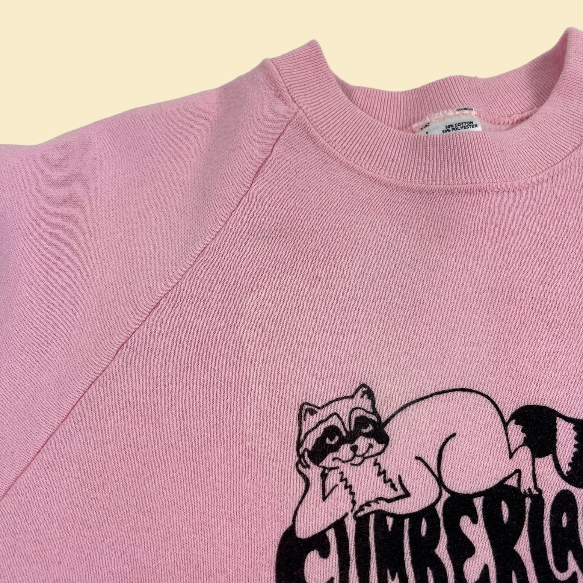 1980s L pink crewneck w/ racoon, armadillo & Cumberland Island (GA) print, vintage 70s Fruit of the Loom sweatshirt