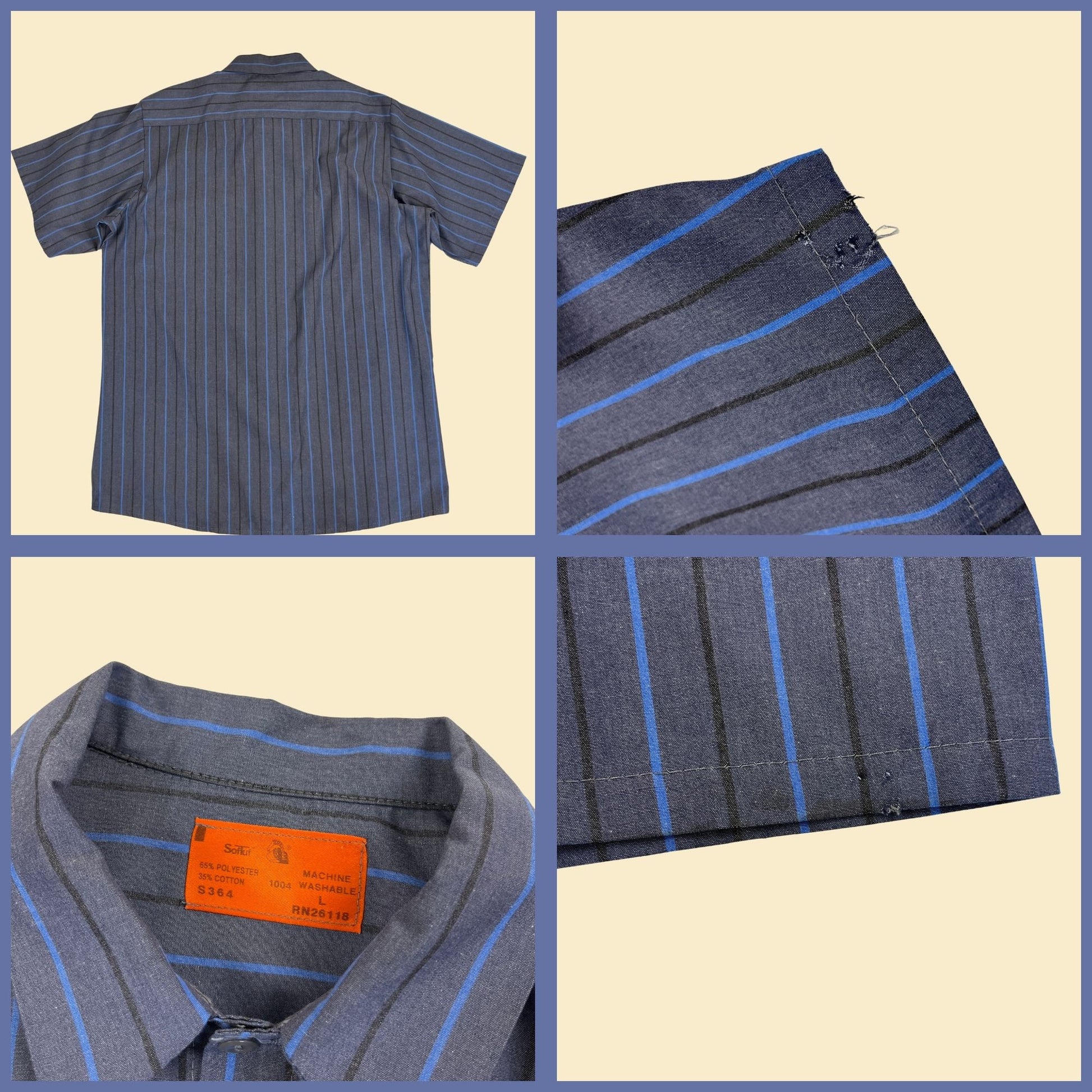 1980s L striped workwear shirt by Softuf, vintage 80s blue & black men's button down work top