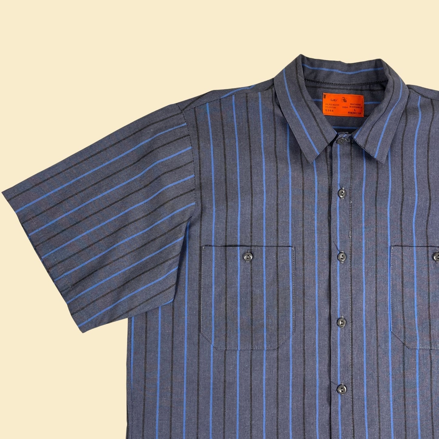 1980s L striped workwear shirt by Softuf, vintage 80s blue & black men's button down work top