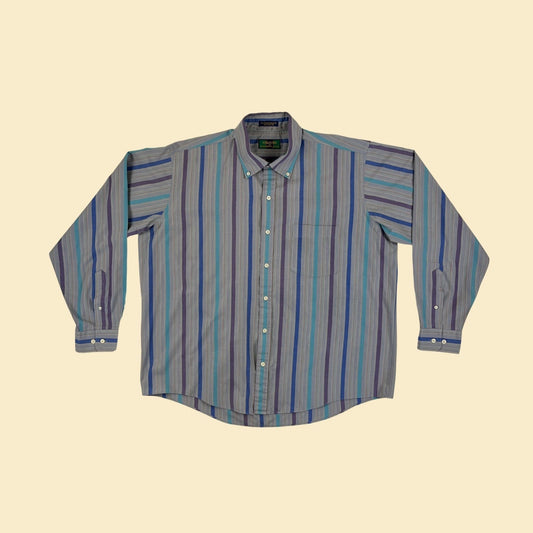 90s XL striped men's shirt, Alexander Julian grey/purple/teal vintage 1990s long sleeve button down top