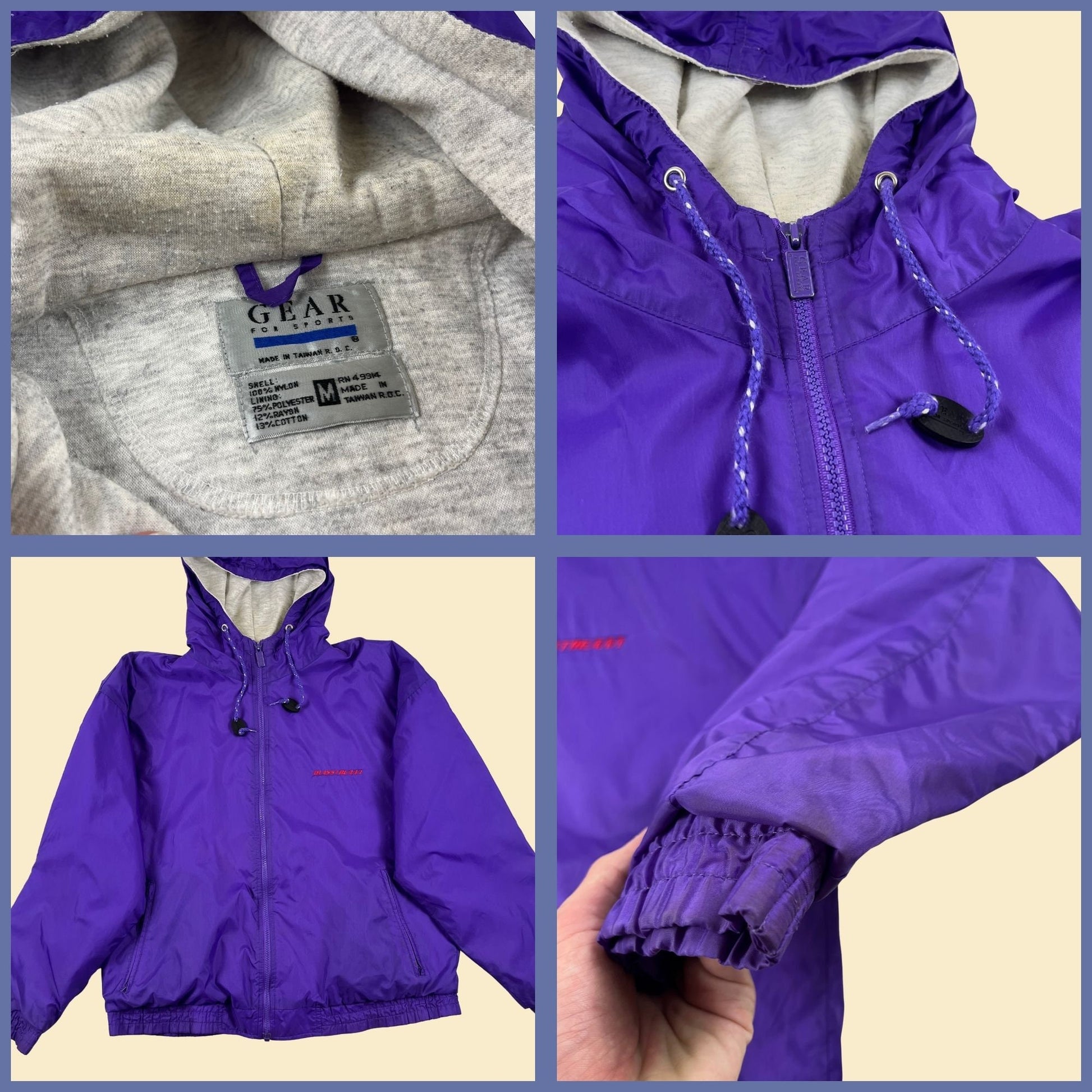 1990s M purple nylon jacket w/ grey lining & Glasstream logo, vintage