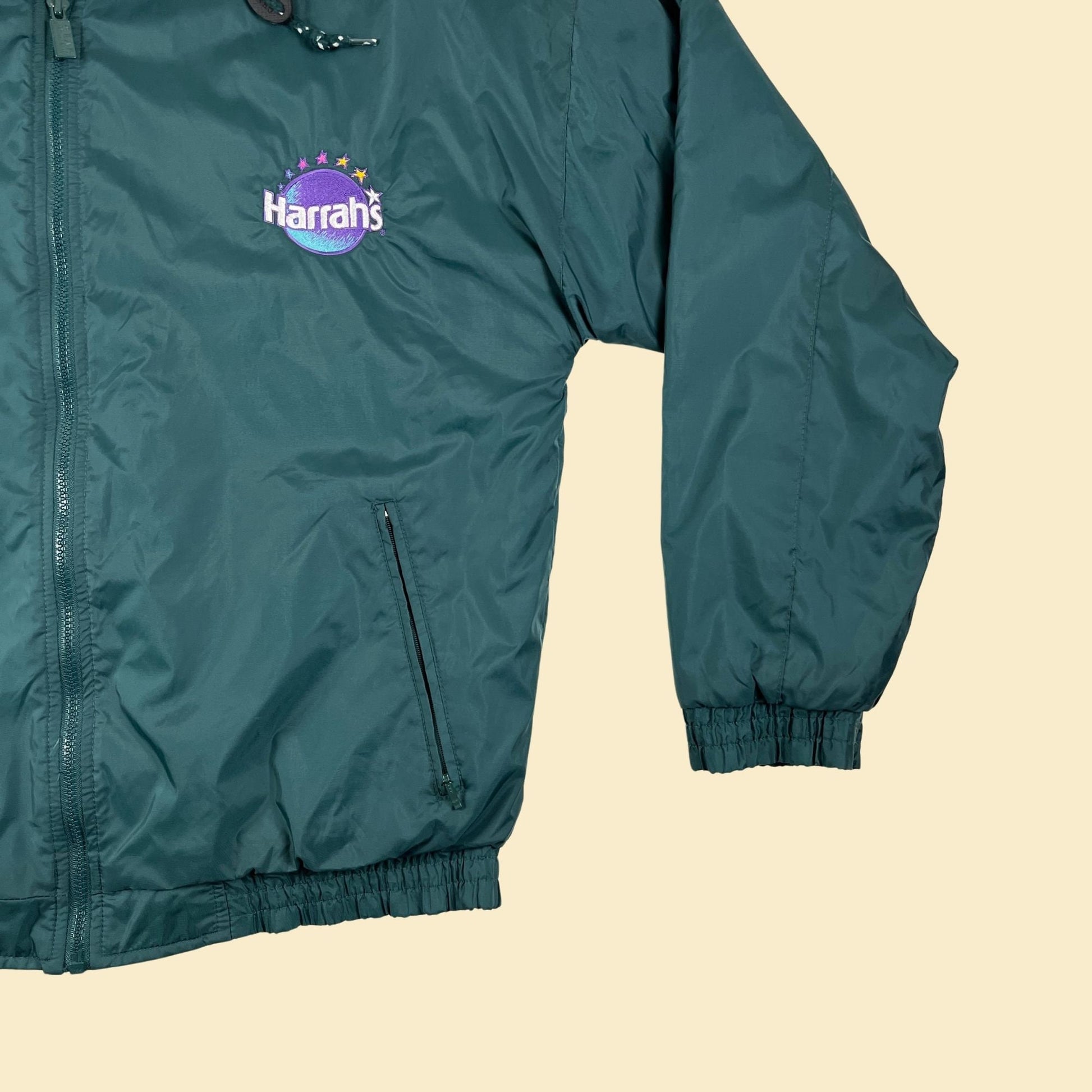 90s M Harrah's Casino jacket, vintage 1990s green/purple zip up cotton lined hooded jacket