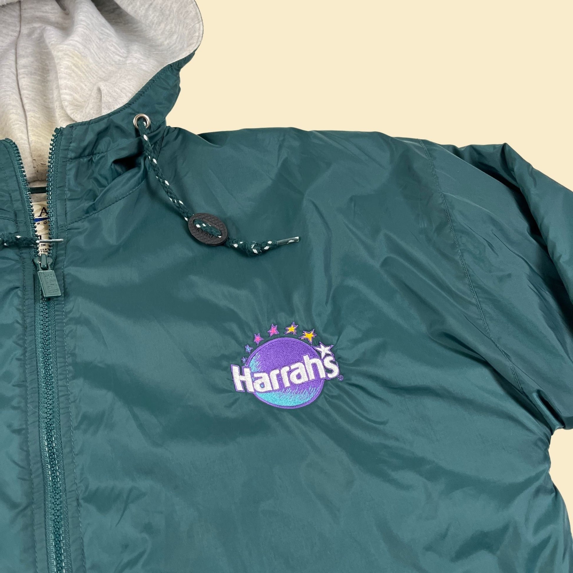 90s M Harrah's Casino jacket, vintage 1990s green/purple zip up cotton lined hooded jacket