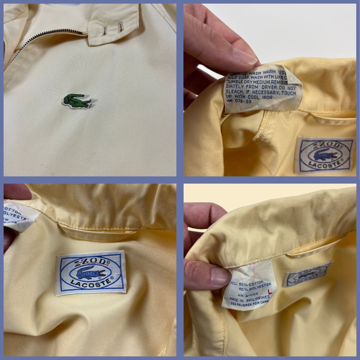 1970s L Izod Lacoste windbreaker, pastel yellow vintage 70s zip up jacket