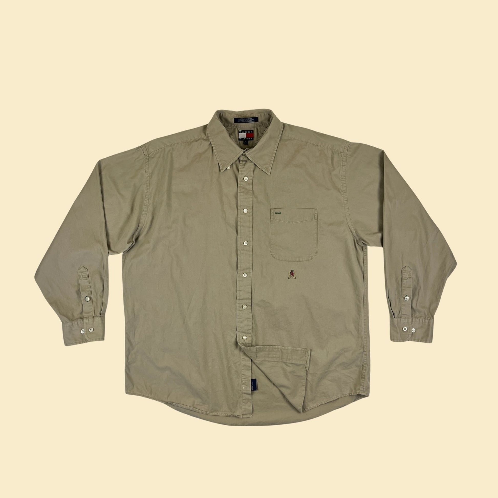 Y2K Tommy Hilfiger XL khaki shirt, vintage 2000s men's long sleeve cotton button down top