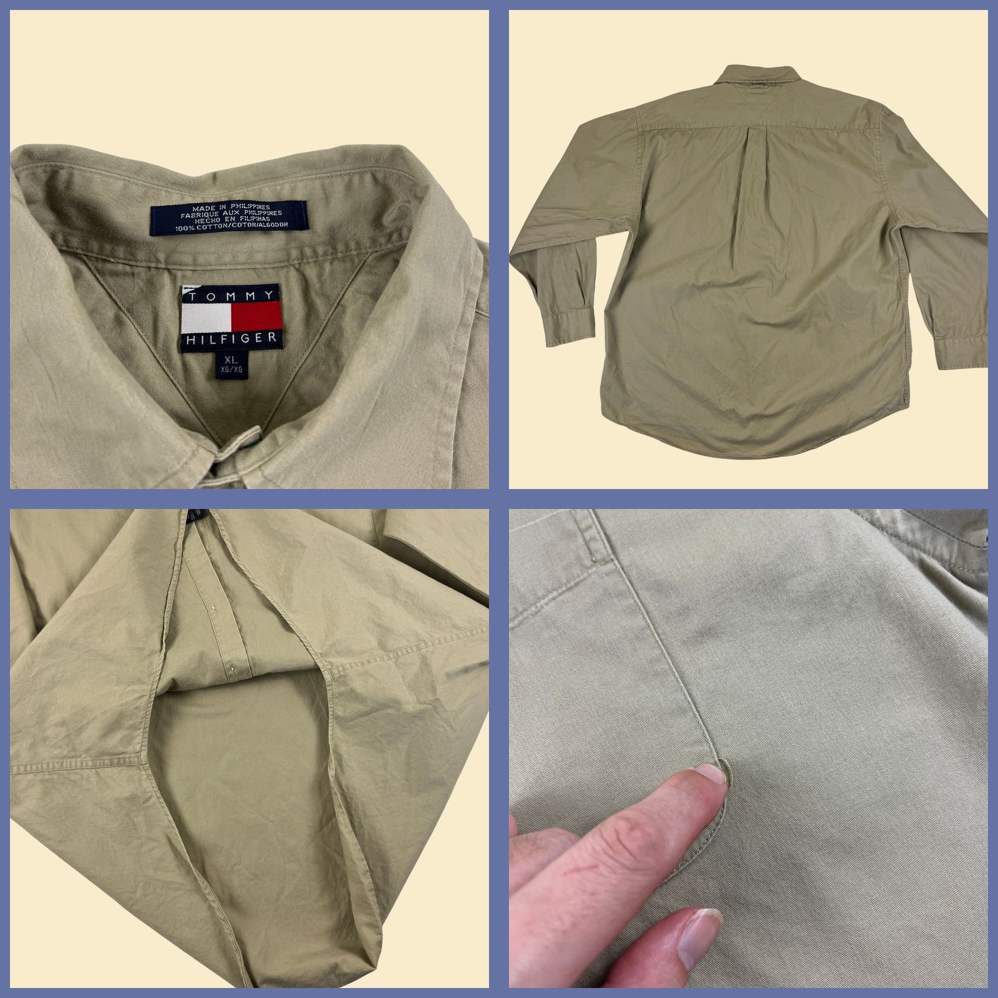 Y2K Tommy Hilfiger XL khaki shirt, vintage 2000s men's long sleeve cotton button down top