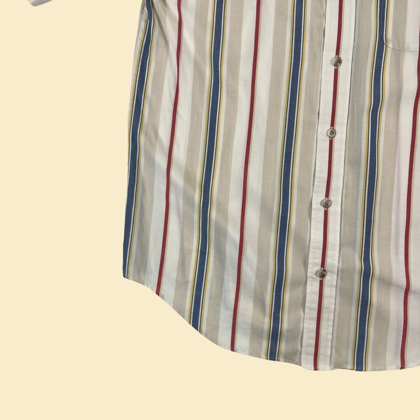 90s M striped men's shirt, vintage 1990s short sleeve beige/red/yellow short sleeve button down top