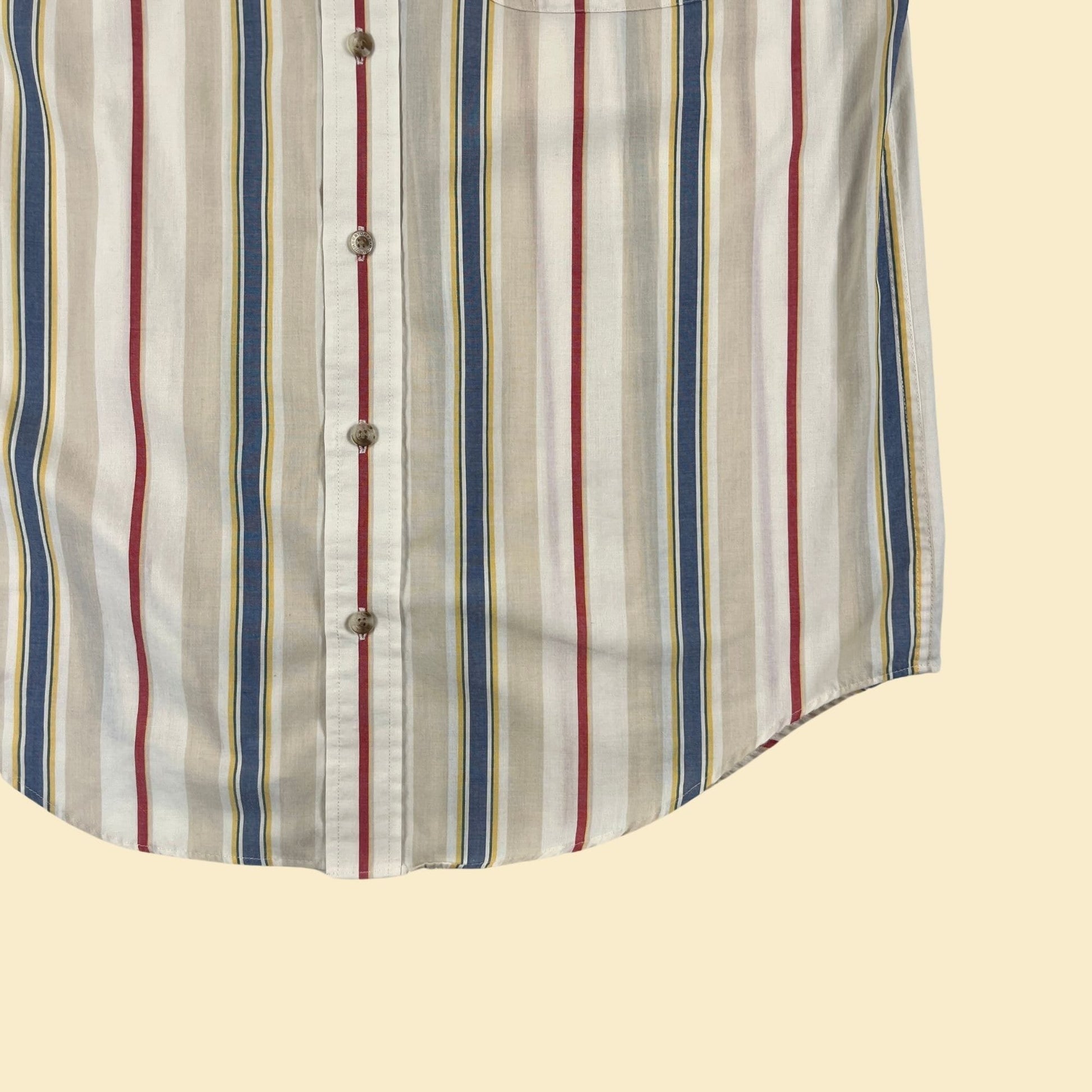 90s M striped men's shirt, vintage 1990s short sleeve beige/red/yellow short sleeve button down top