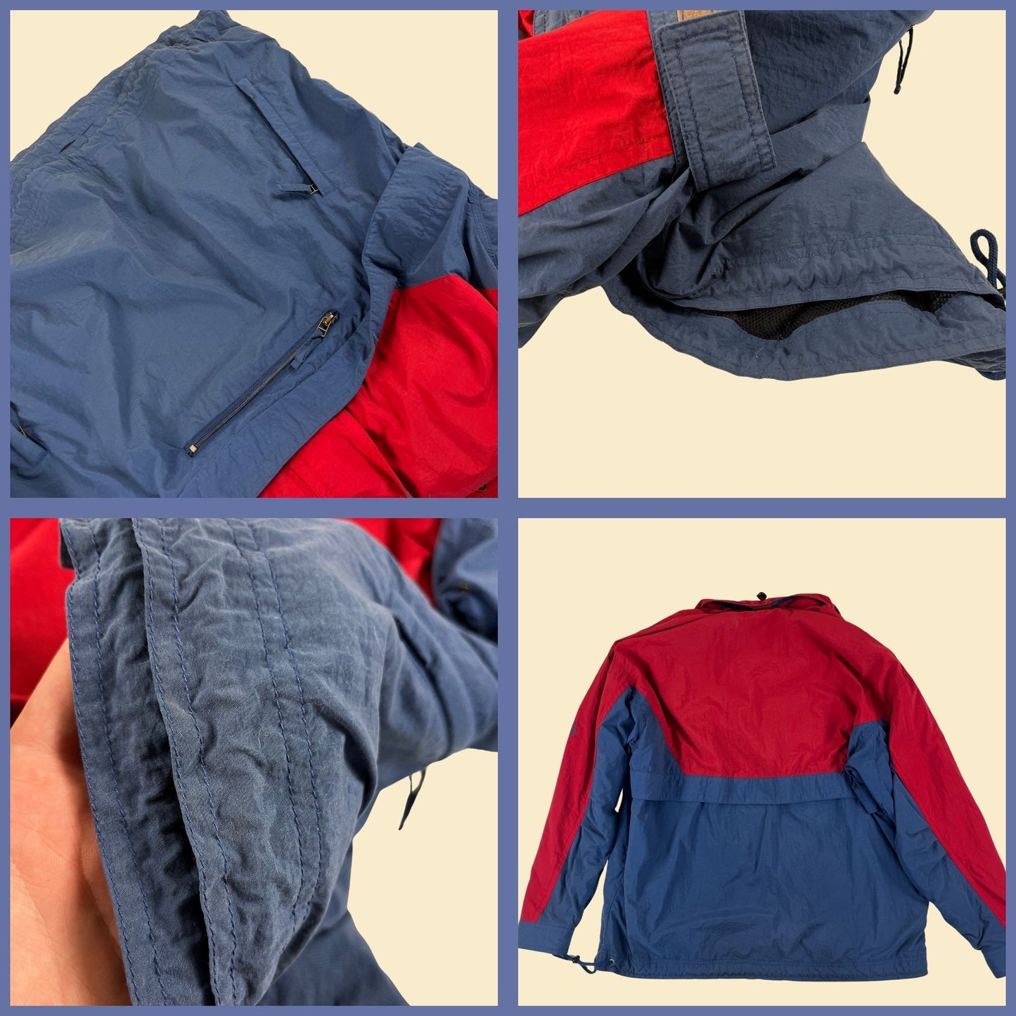 1990s L red/blue windbreaker by HEAD, vintage 90s pullover hooded colorblock track jacket