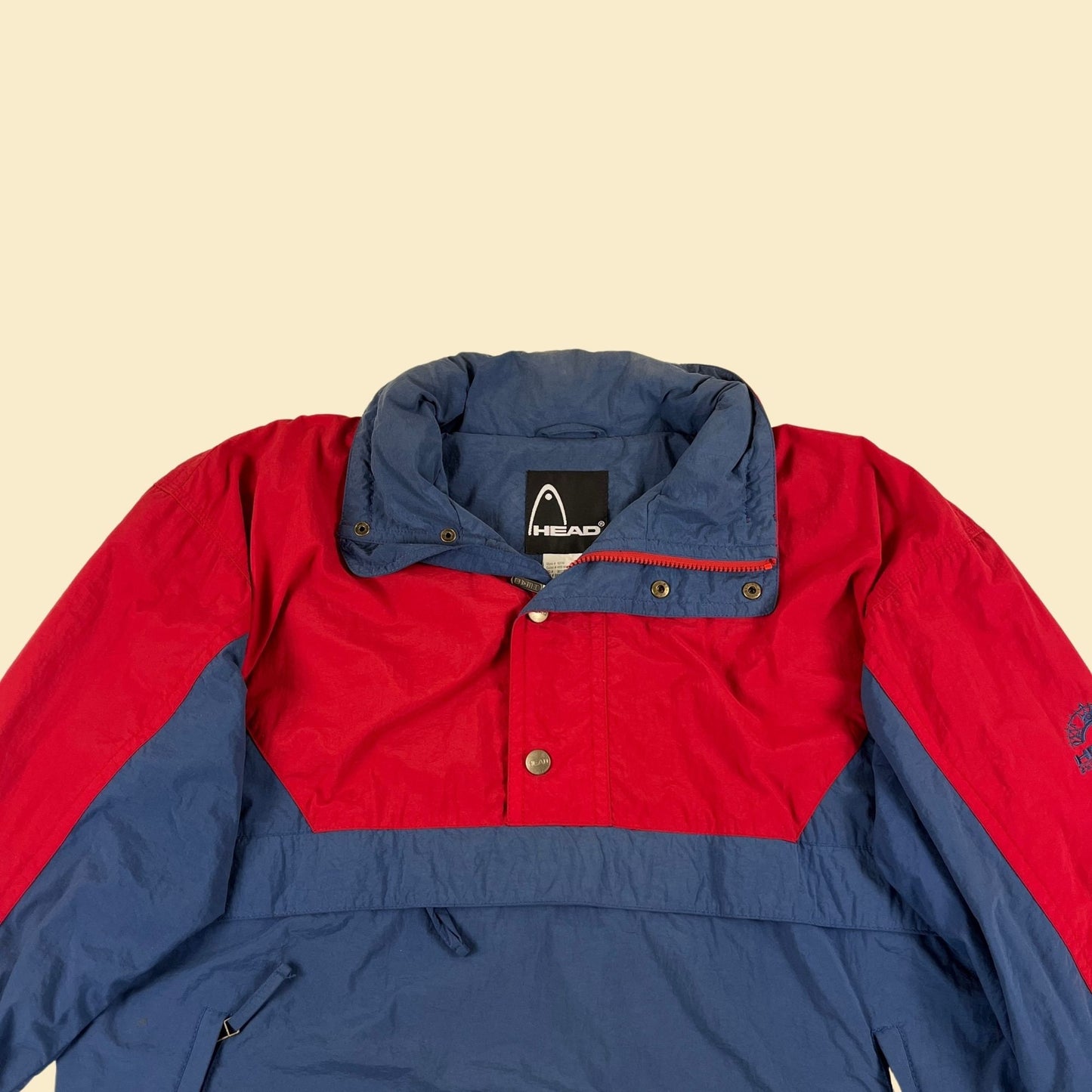 1990s L red/blue windbreaker by HEAD, vintage 90s pullover hooded colorblock track jacket