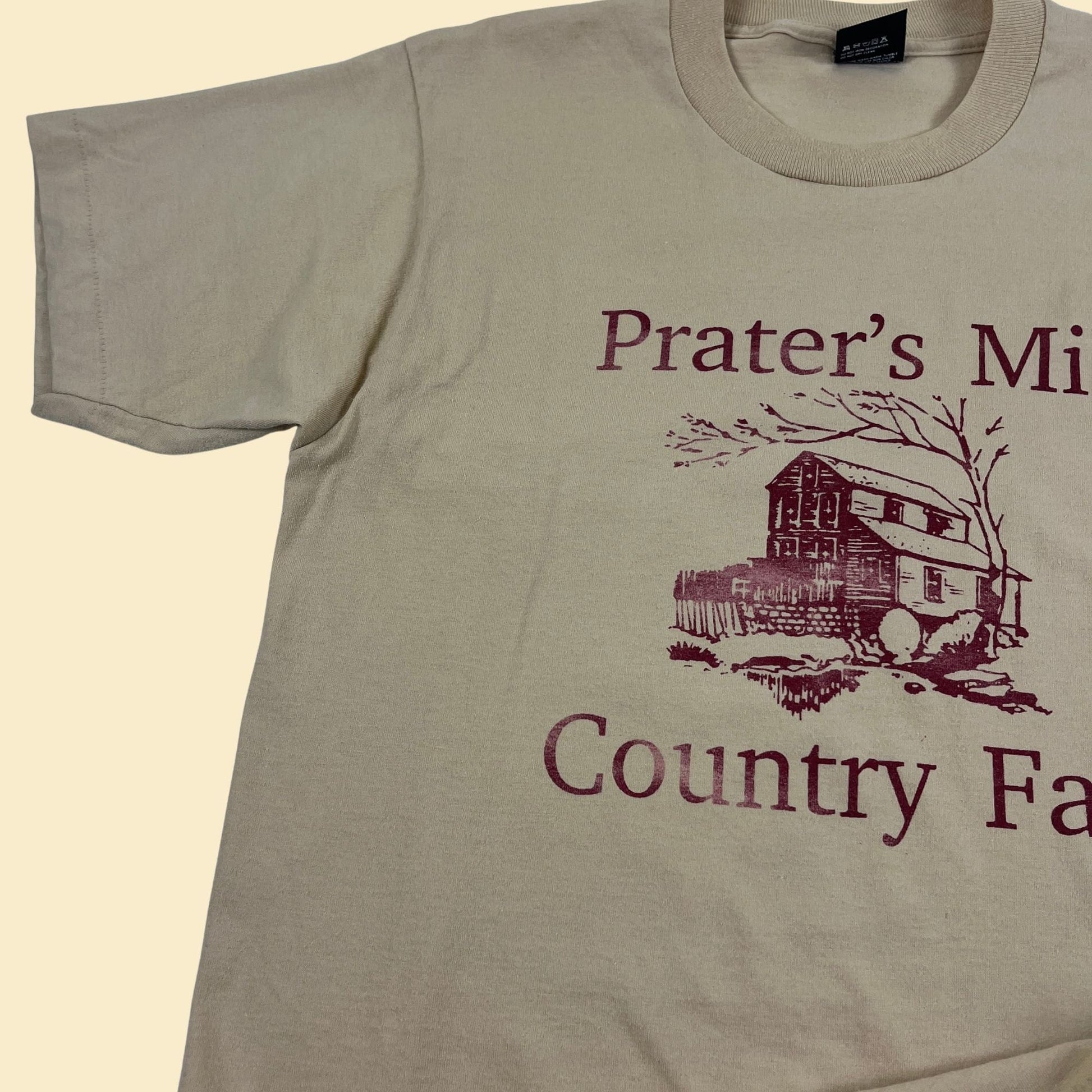 80s/90s L Prater's Mill Country Fair (Georgia) Screen Stars t-shirt, single stitch beige & burgundy tee