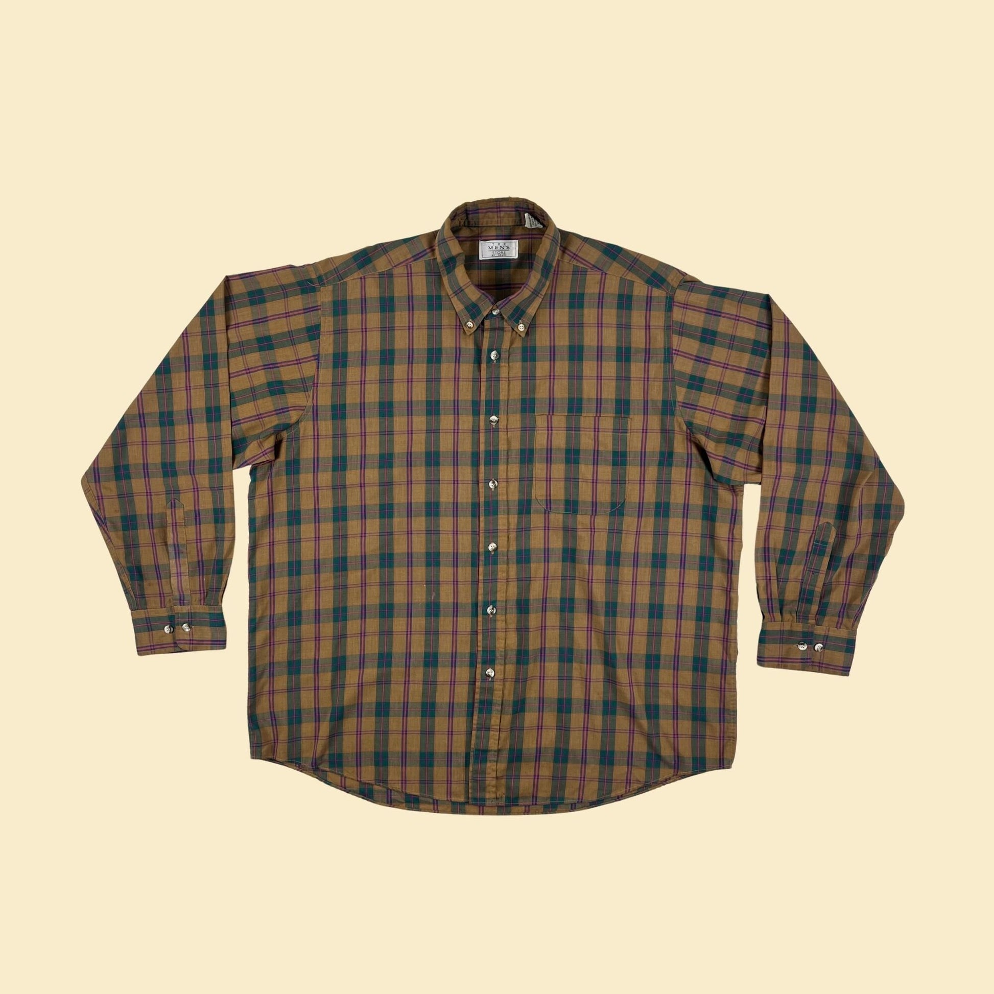 1980s XL plaid men's shirt by The Men's Store at Sears, vintage brown/green/purple lightweight button down top