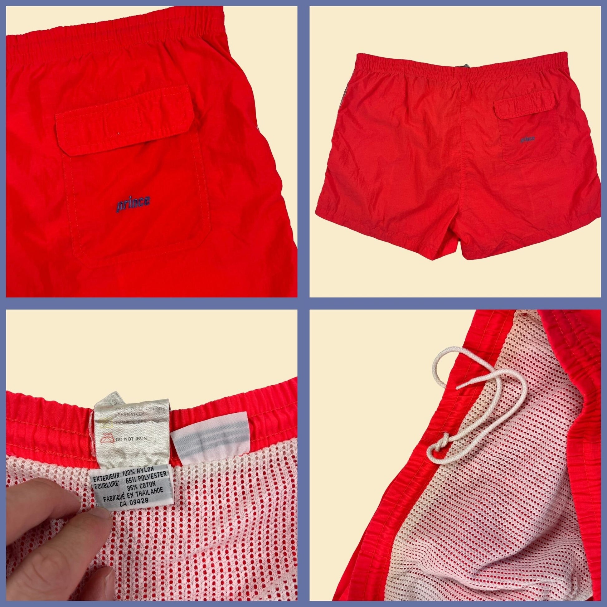 1990s L Prince pink/coral tennis shorts, vintage 90s men's nylon athletic shorts w/ drawstring