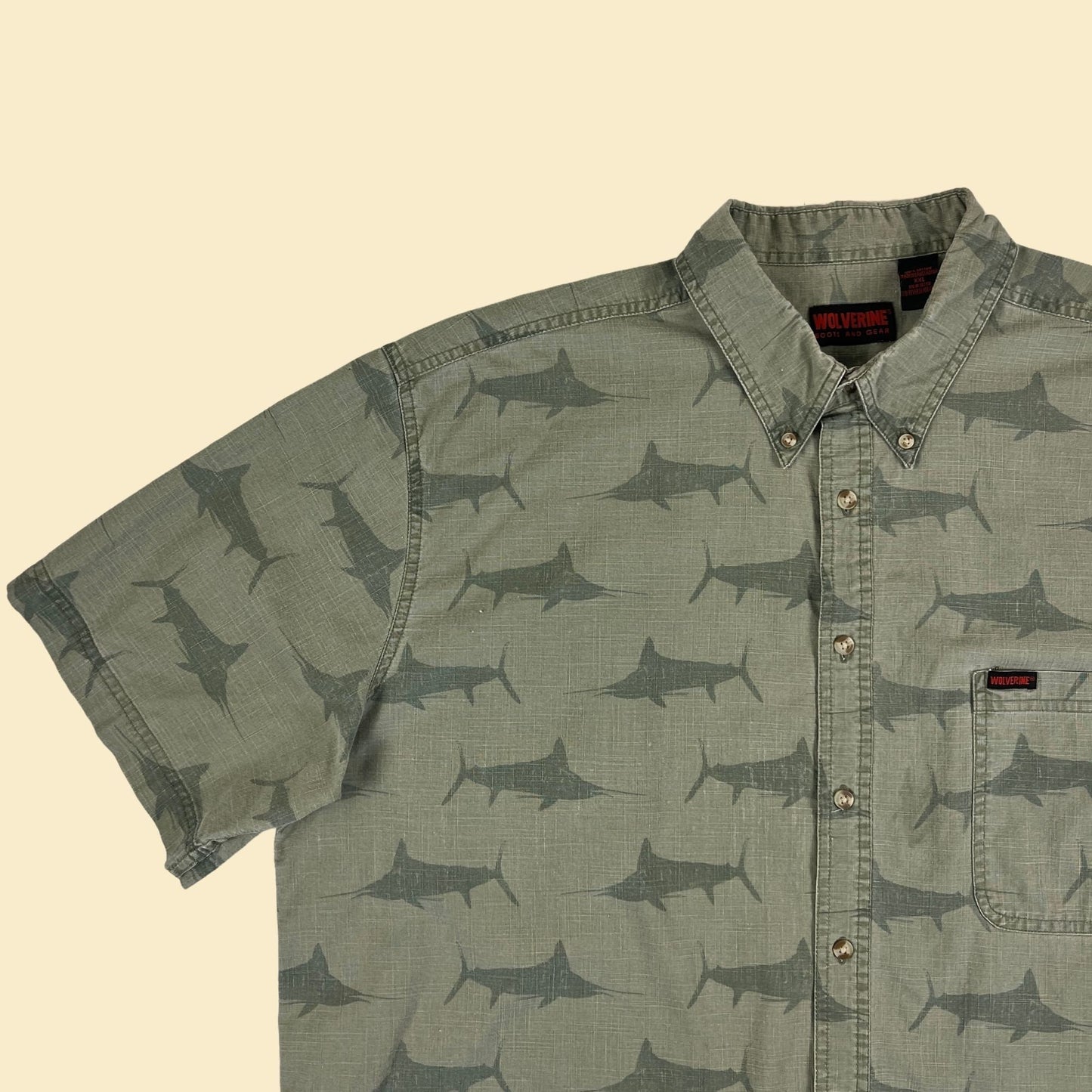 1990s XXL swordfish shirt, short sleeve green vintage 90s fish patterned top by Wolverine