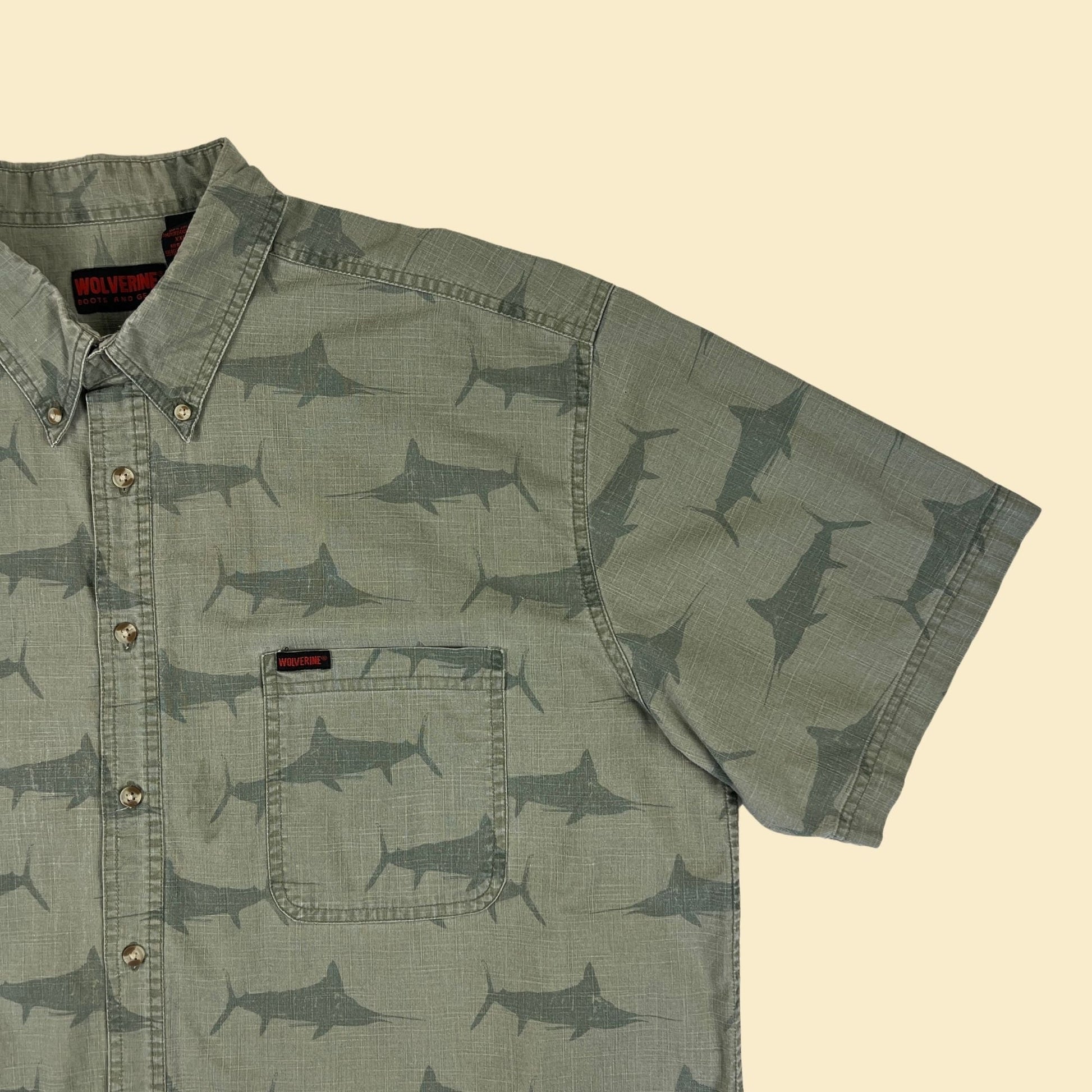 1990s XXL swordfish shirt, short sleeve green vintage 90s fish patterned top by Wolverine