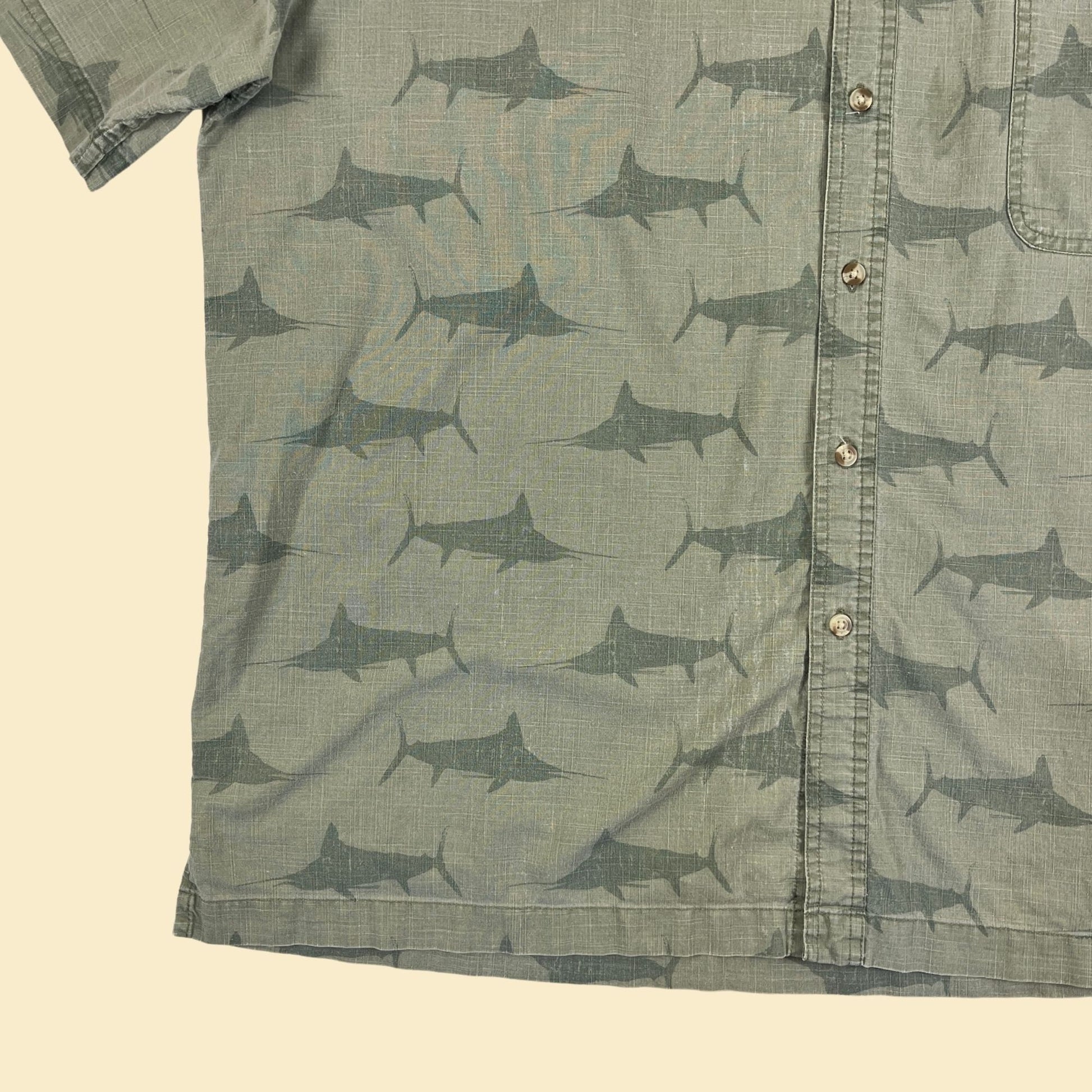 1990s XXL swordfish shirt, short sleeve green vintage 90s fish patterned top by Wolverine