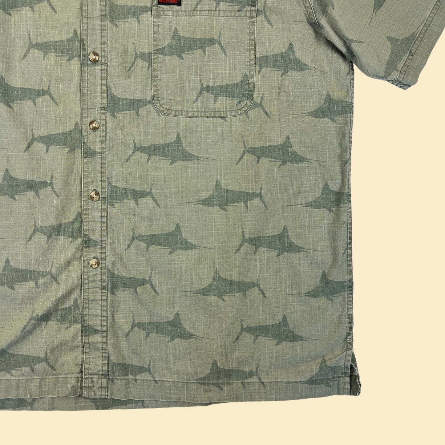 1990s XXL swordfish shirt, short sleeve green vintage 90s fish patterned top by Wolverine