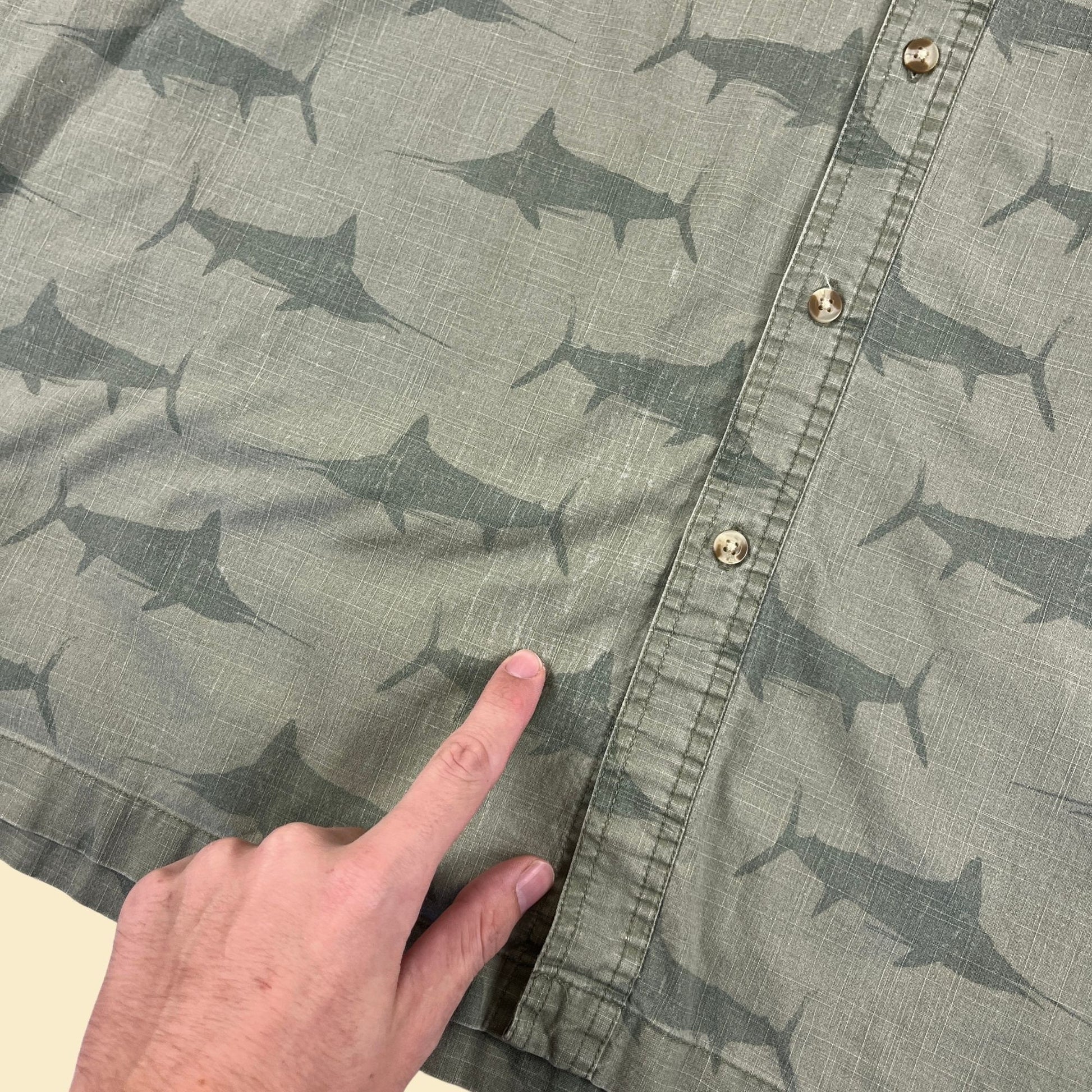 1990s XXL swordfish shirt, short sleeve green vintage 90s fish patterned top by Wolverine