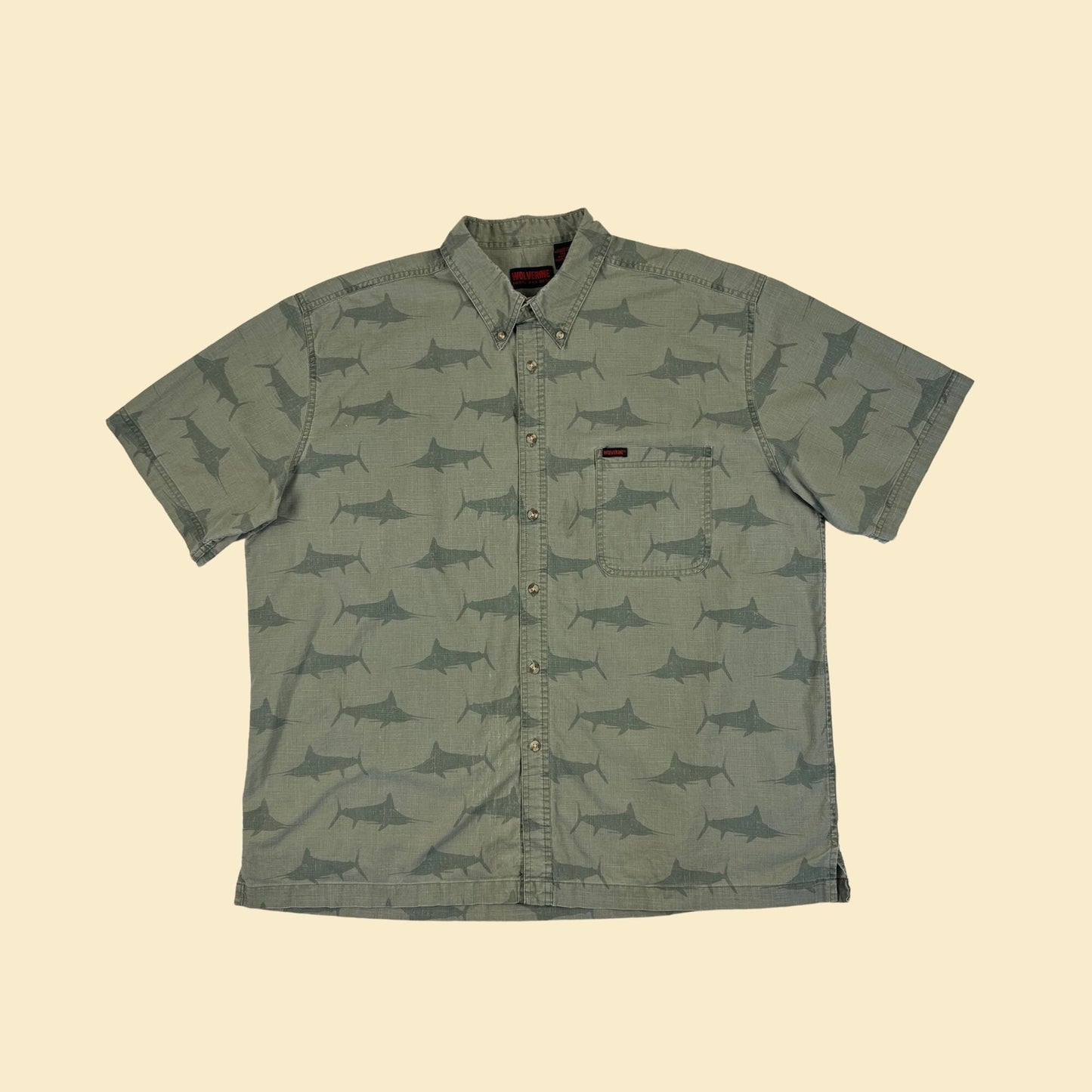 1990s XXL swordfish shirt, short sleeve green vintage 90s fish patterned top by Wolverine