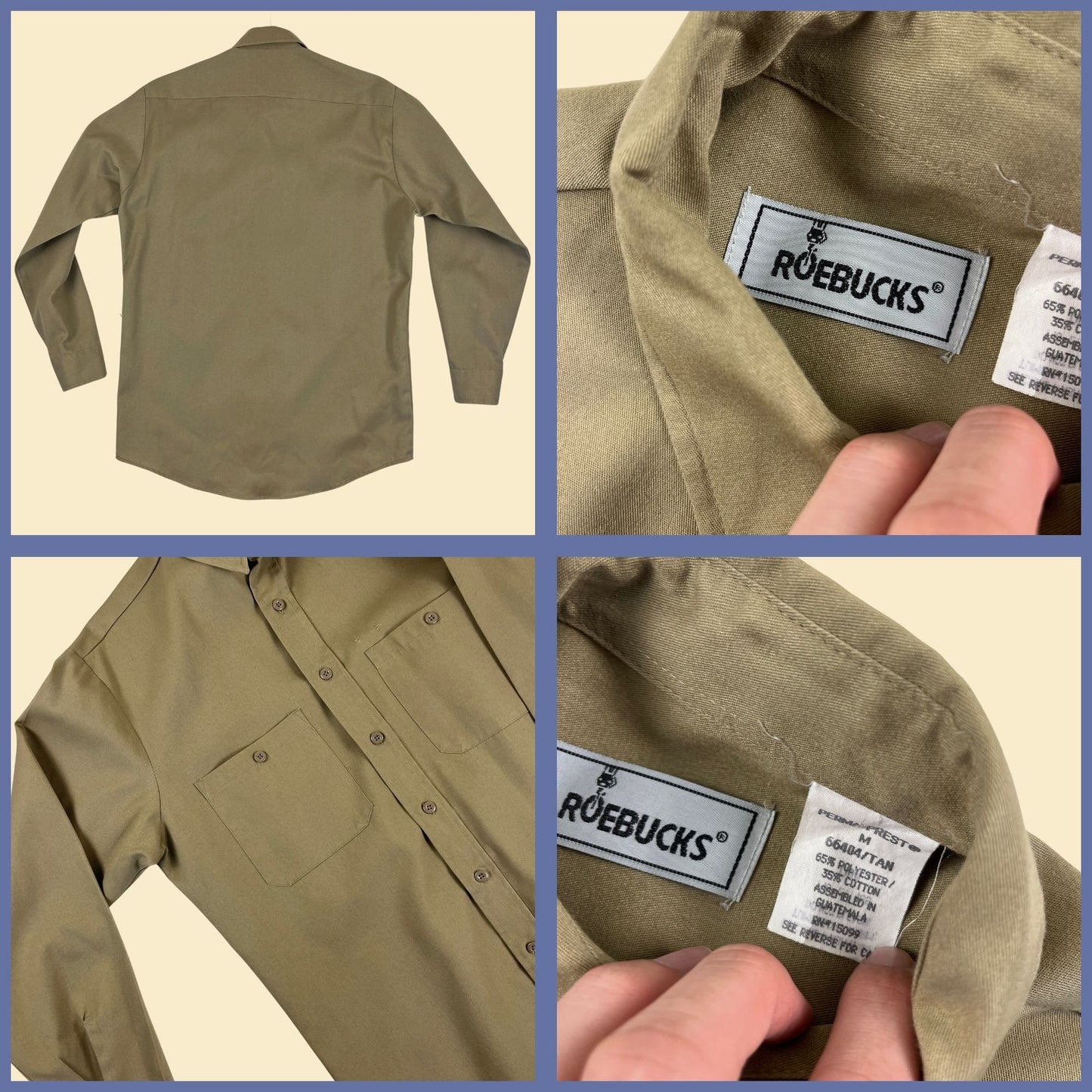 1980s M tan Roebucks workwear shirt, vintage 80s men's button down long sleeve top