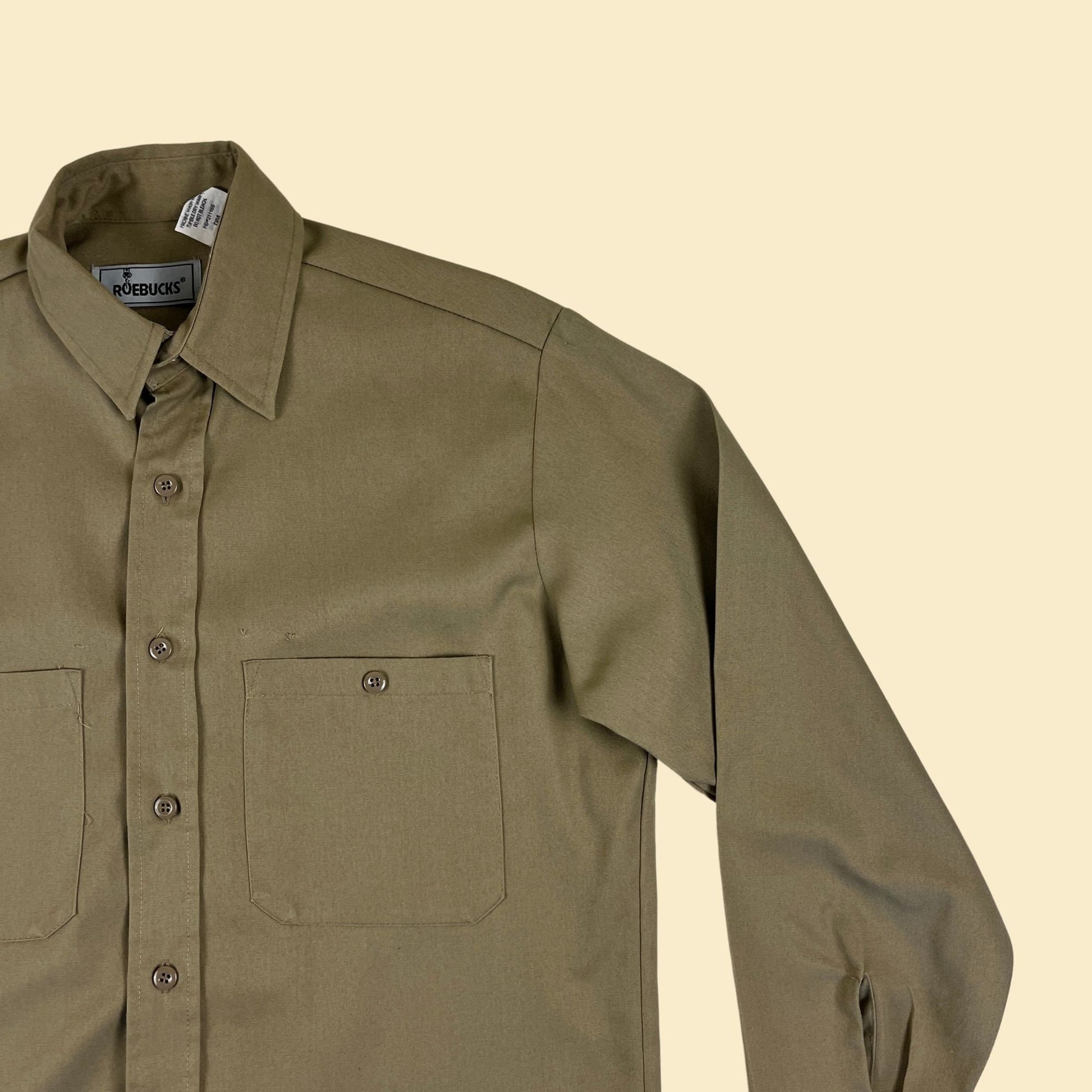 1980s M tan Roebucks workwear shirt, vintage 80s men's button down long sleeve top