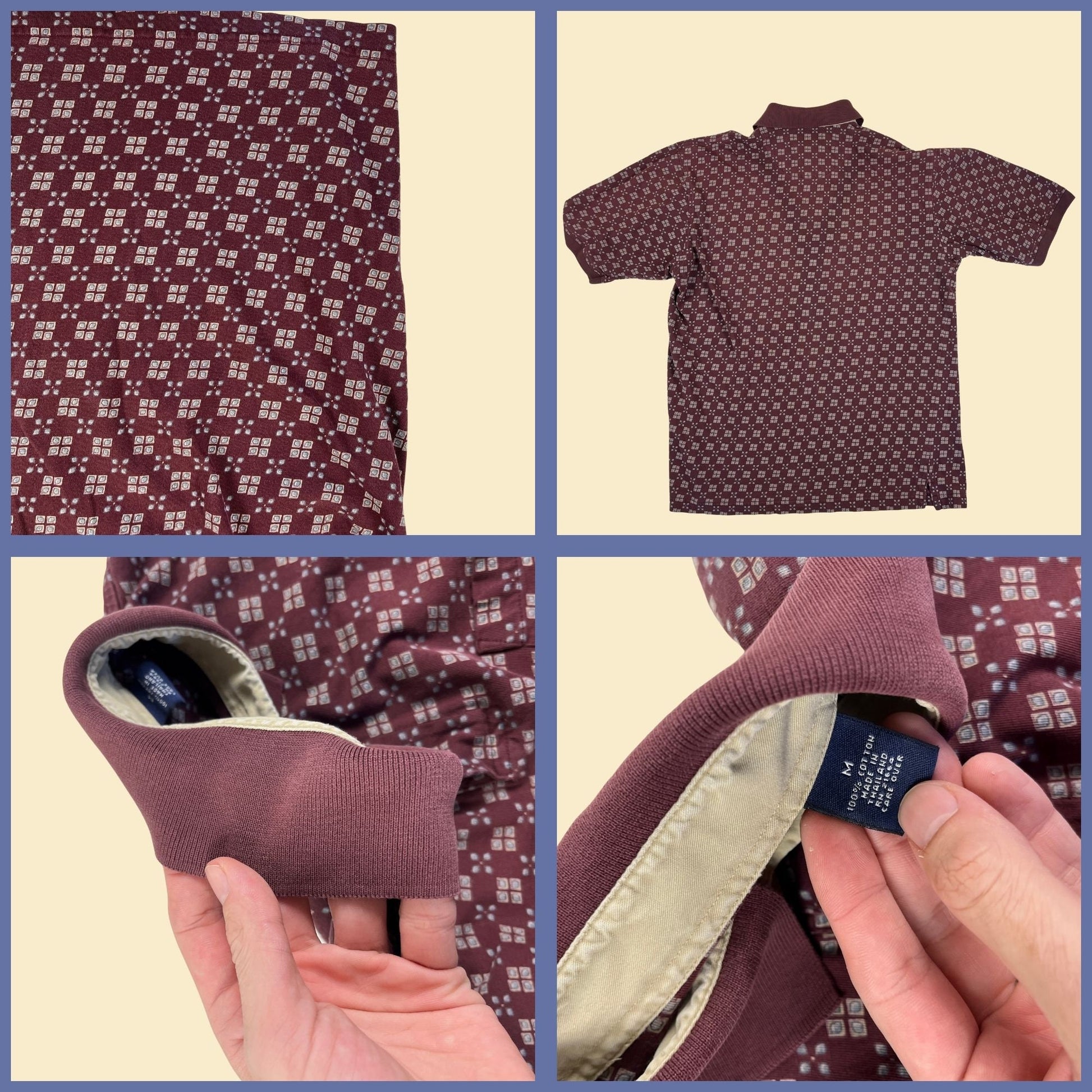 1990s M patterned polo shirt by Roundtree & Yorke, burgundy/blue short sleeve casual top