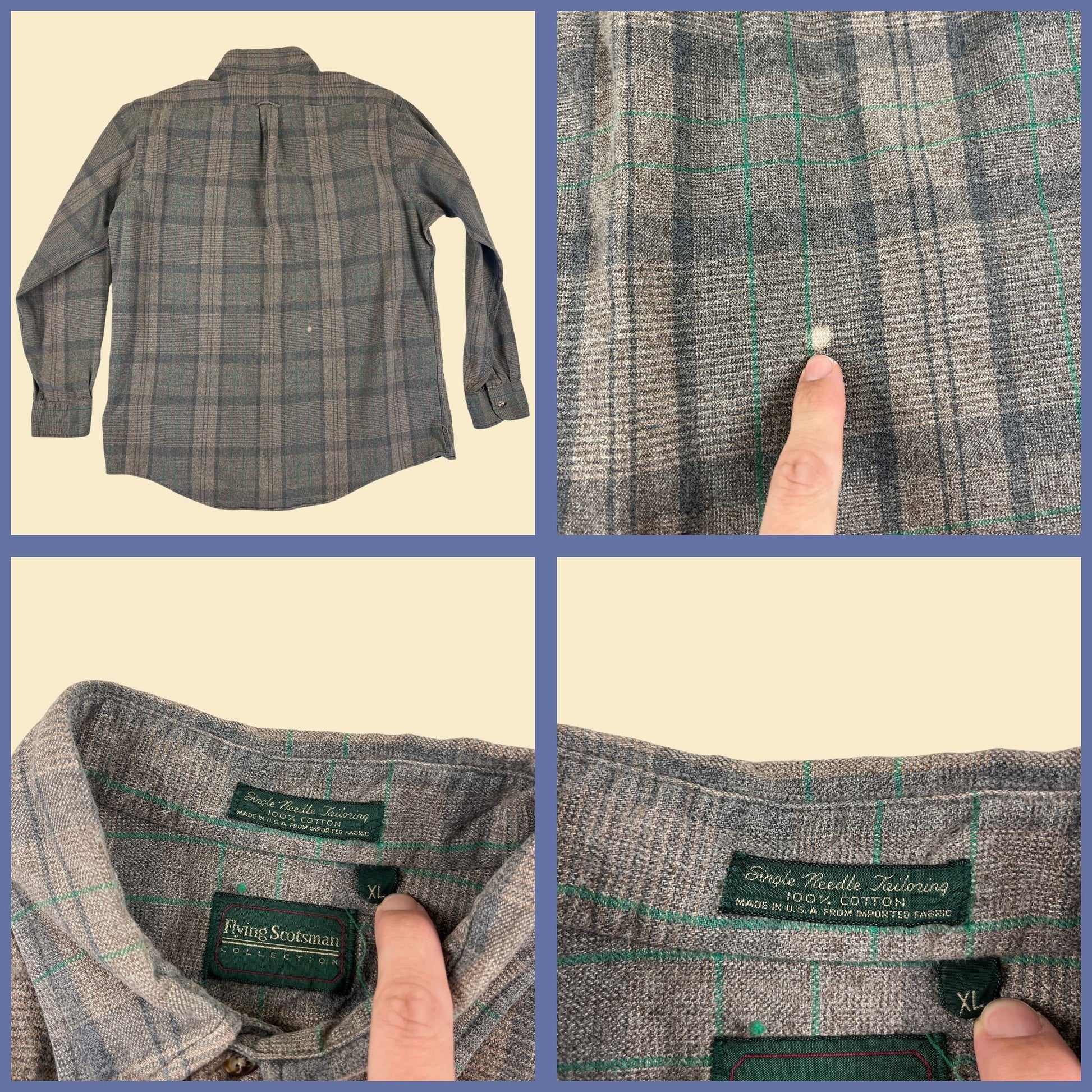 90s XL grey & green flannel shirt, vintage 1990s Flying Scotsman Collection cotton long sleeve shirt