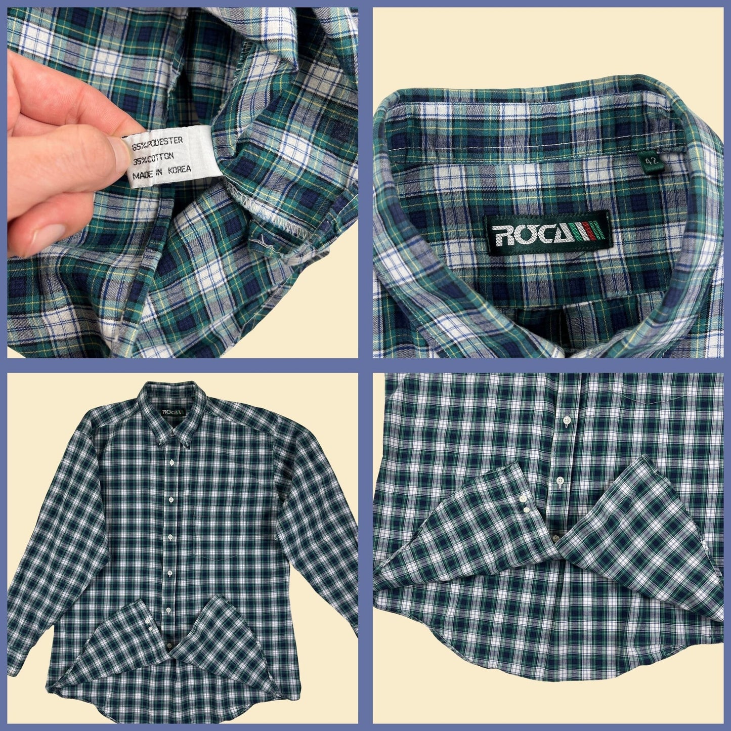 90s green/white plaid men's shirt by Roca, size 42 vintage 1990s long sleeve men's casual top