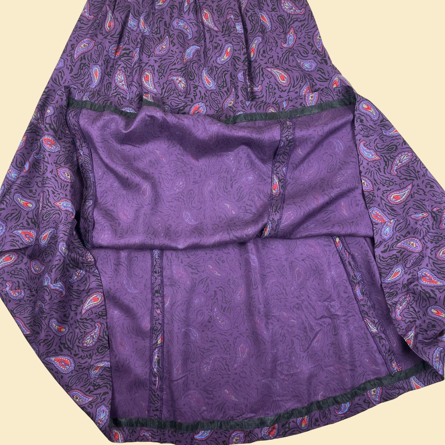 1970s paisley purple skirt & blouse set by Prophecy, vintage 70s maxi skirt / long sleeve top w/ abstract green paisley pattern