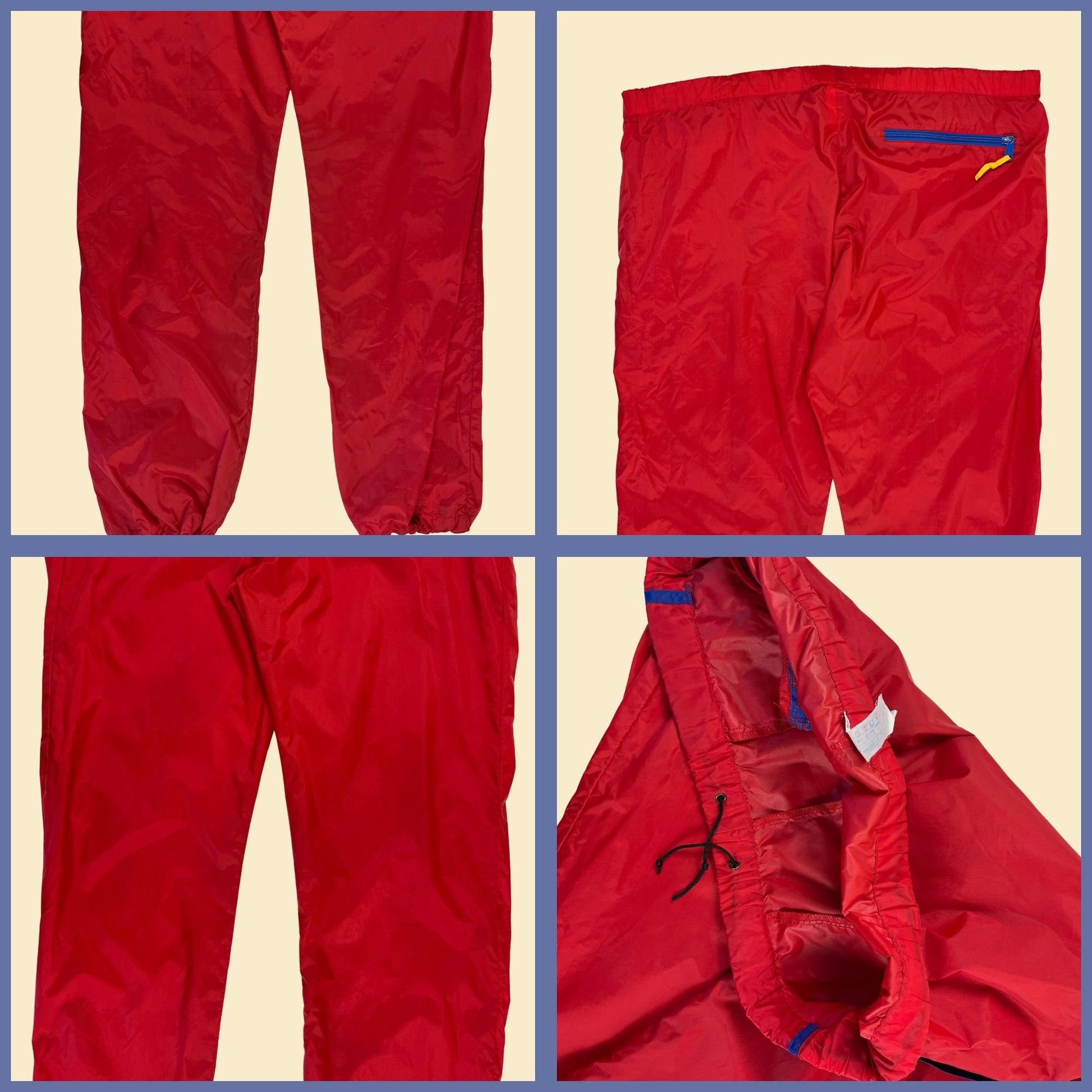 1980s L red nylon pants by High Sierra, vintage 80s/90s red & yellow athletic pants with drawstring