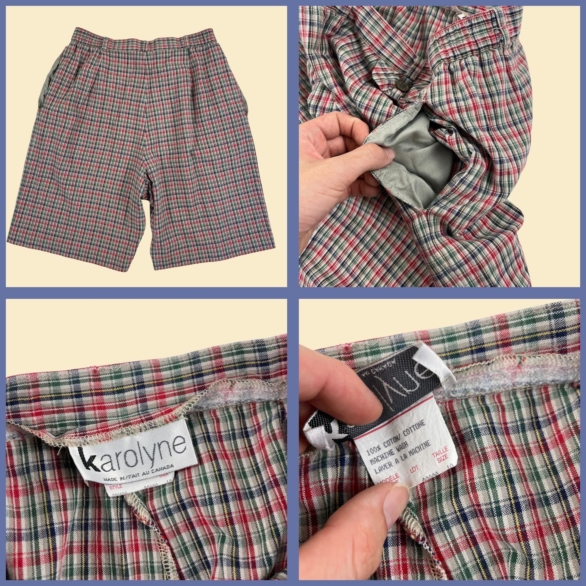 1980s high waisted plaid shorts by Karolyne, size 10 vintage 80s red/green women's shorts w/ zip fly