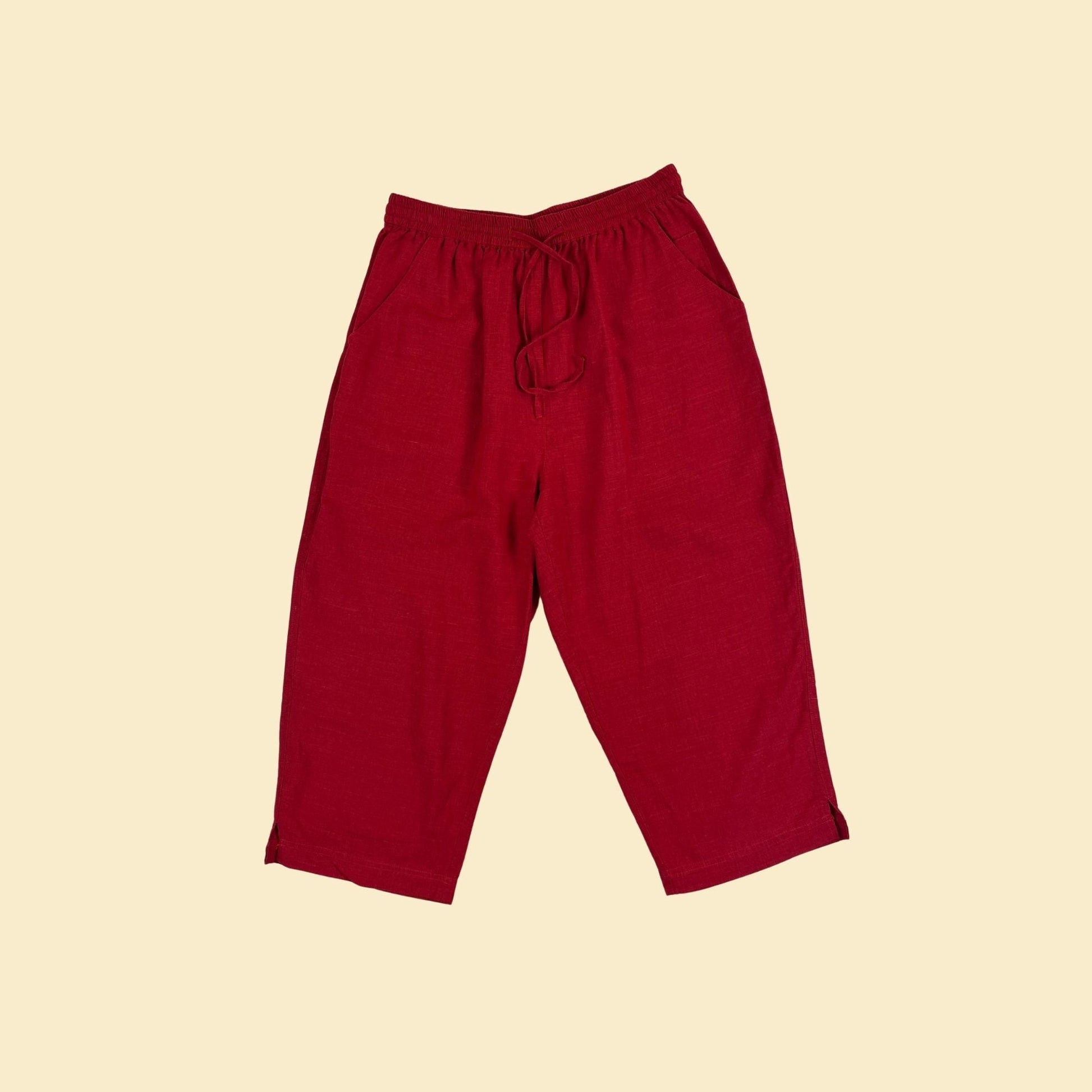 90s/Y2K red linen M capris by Erin London, vintage silk & linen women's ankle length 2000s capri pants w/ elastic waist