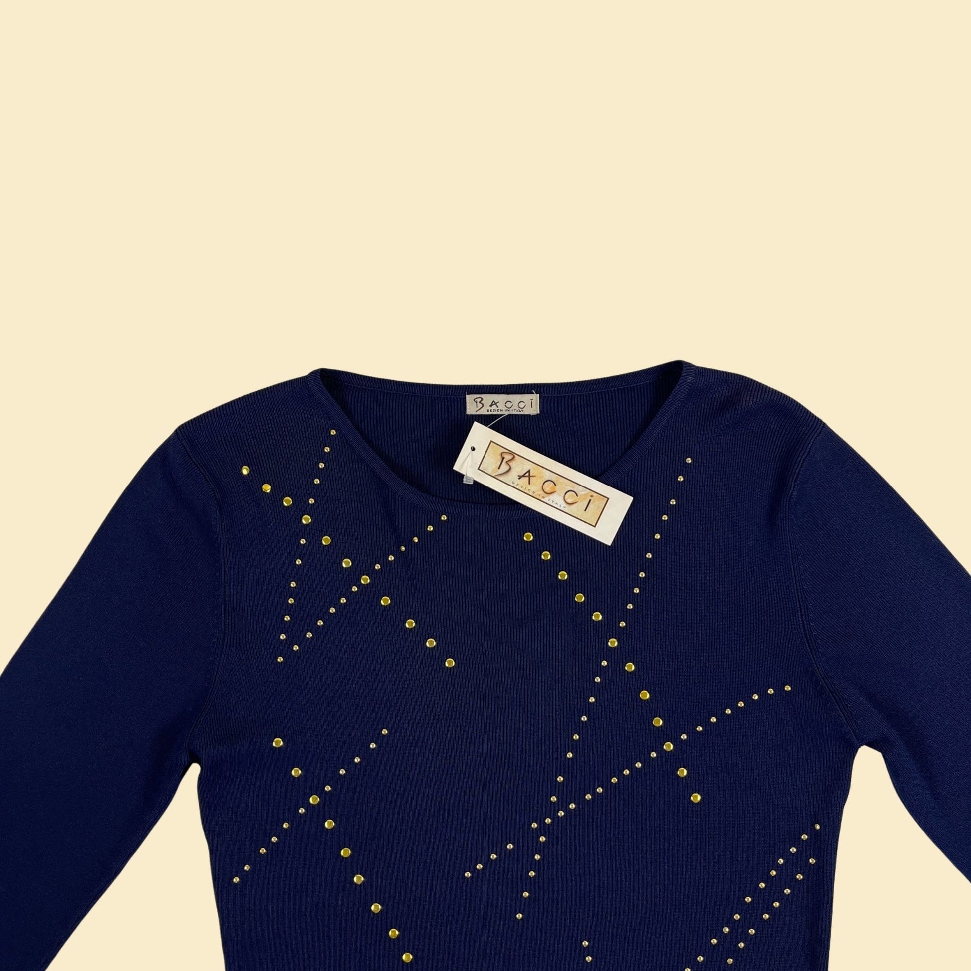 1990s M navy blue & gold blouse by Bacci Design Italy, vintage 90s dark blue long sleeve top