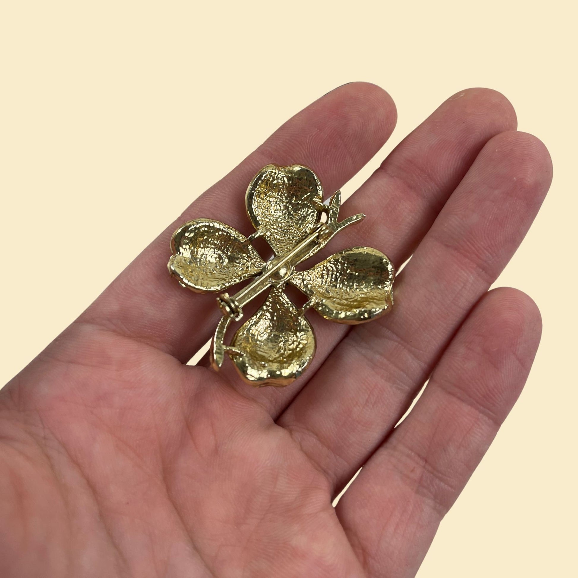 Vintage 70s/80s gold-toned flower brooch, vintage 1970s 4-petal flower pin