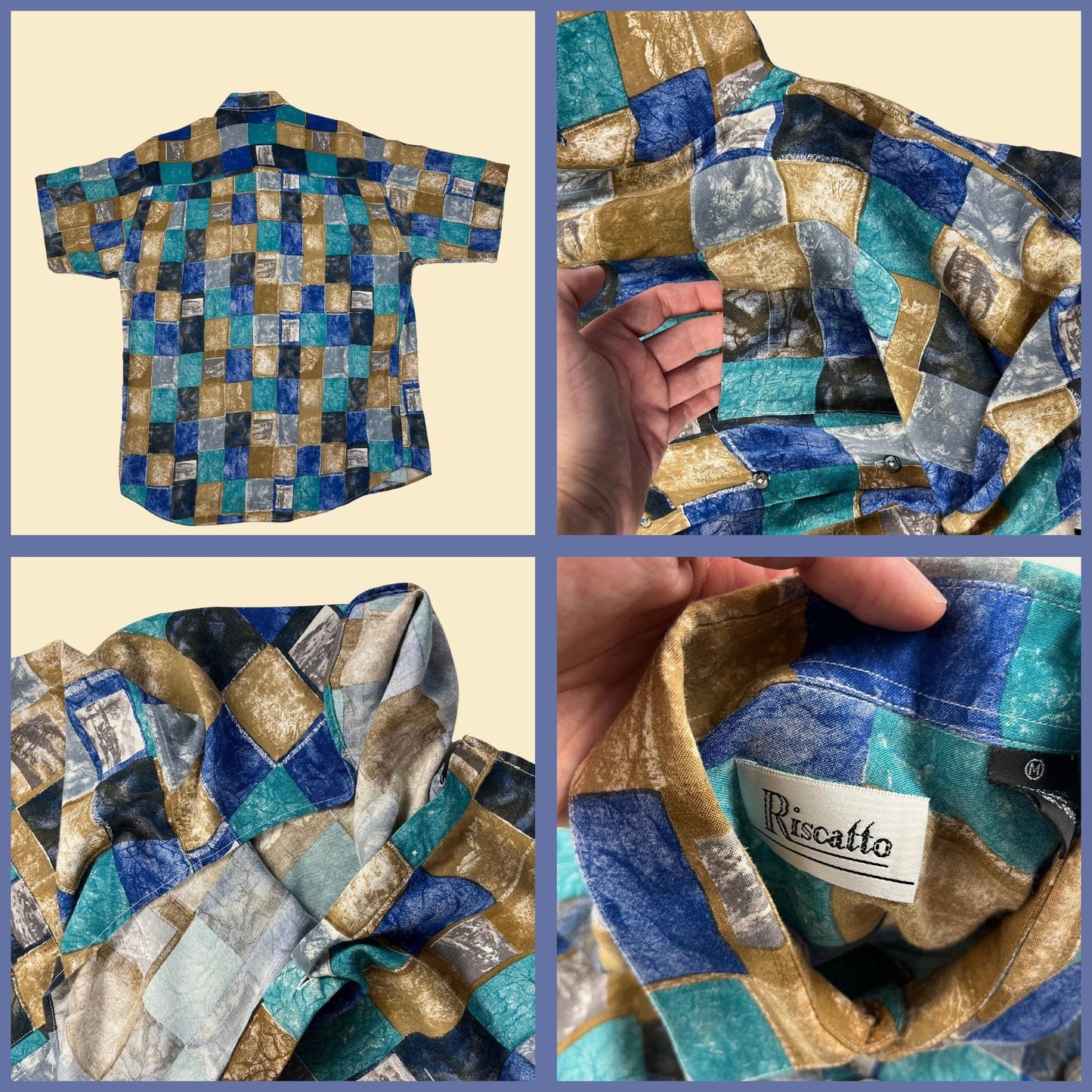 1990s M geometric shirt by Riscatto, vintage 90s blue/beige block patterned men's short sleeve top