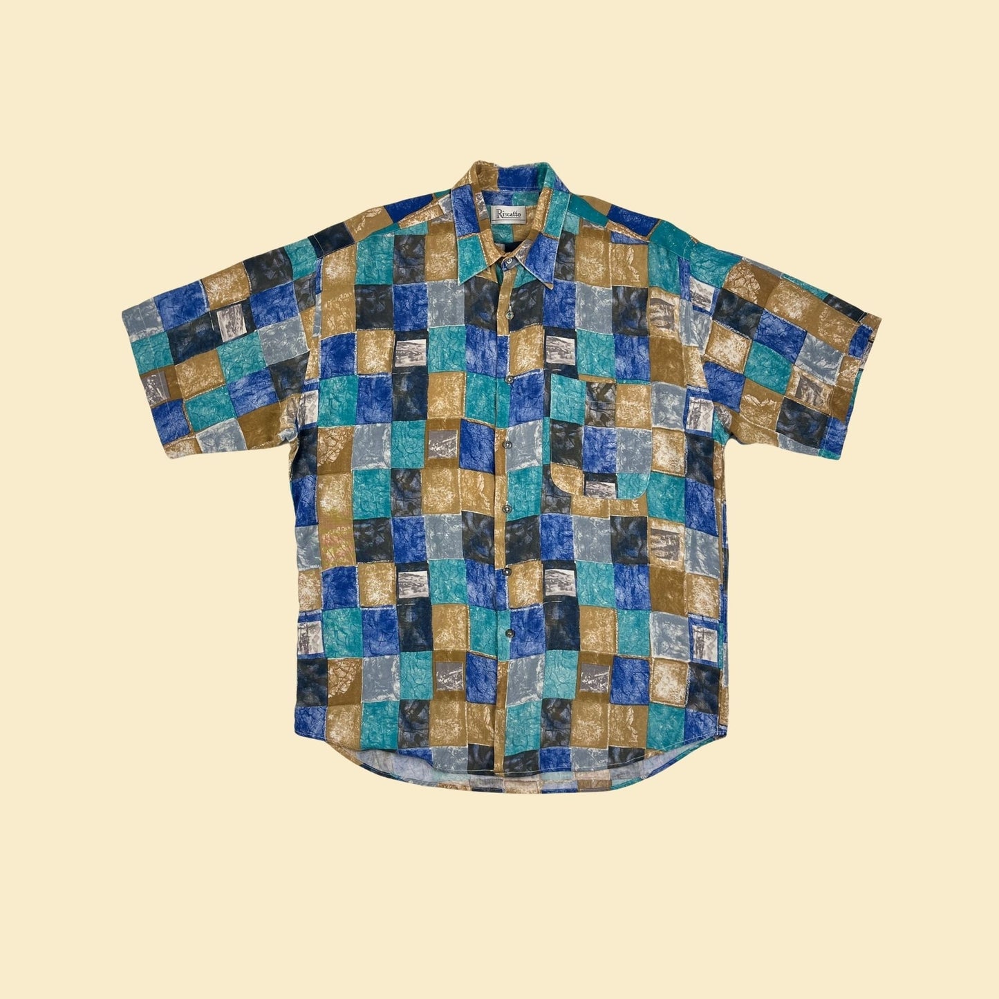 1990s M geometric shirt by Riscatto, vintage 90s blue/beige block patterned men's short sleeve top