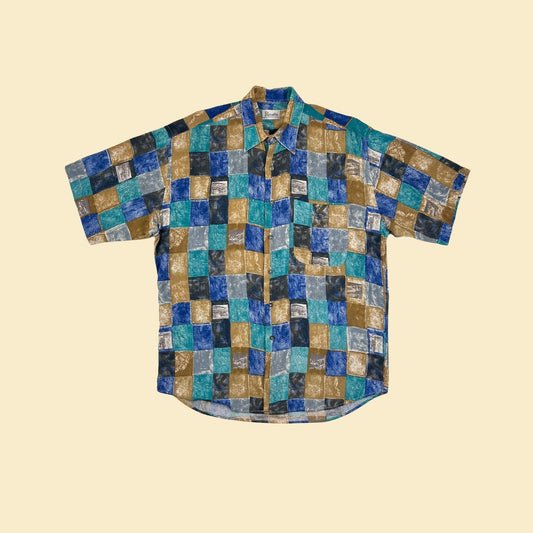 1990s M geometric shirt by Riscatto, vintage 90s blue/beige block patterned men's short sleeve top