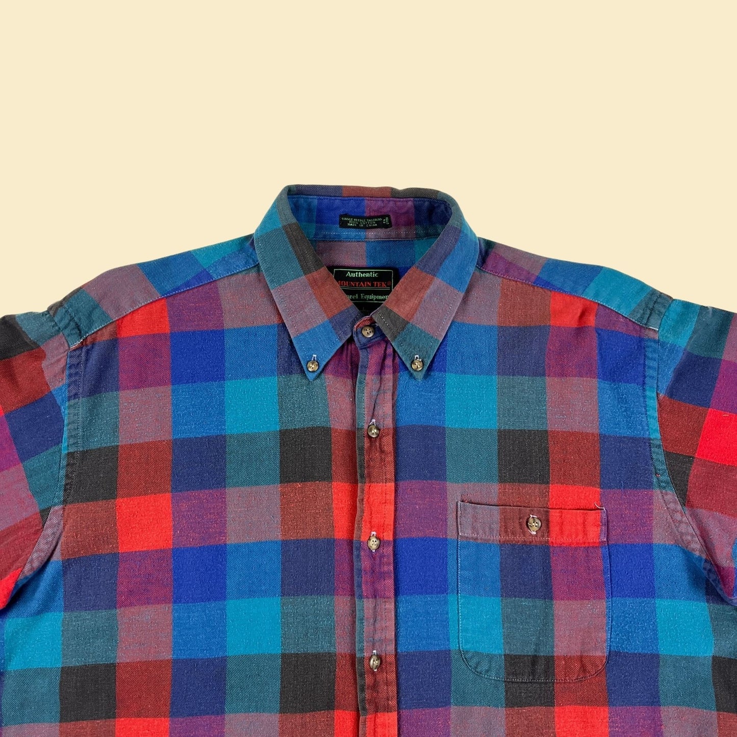 1990s L geometric flannel shirt by Authentic Mountain Tek, vintage 90s blue/red/teal button down long sleeve top